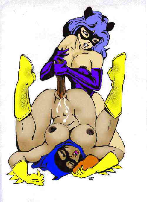 2girls batgirl batman_(series) blue_eyes blue_hair boots breasts bryon_ray cat_ears catwoman closed_eyes clothing color colored corset cum dc_comics dildo dildo_insertion fake_animal_ears female female_only gloves long_hair mask mouth_open multiple_girls naked_female nipples orange_hair pussy pussy_juice sex shaved_pussy tagme teeth tongue uncensored vaginal_insertion white_background yuri