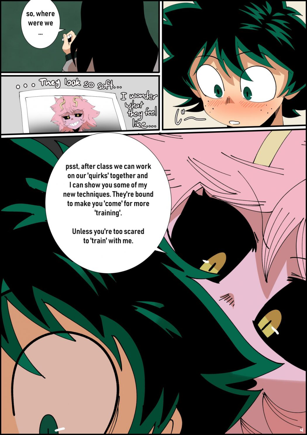 1boy, 1girls, blush, classroom, comic, english text, female, green hair, green-haired male, horns, izuku midoriya, izumina, male, mina ashido, my hero academia, page 4, photo (object), pink hair, pink skin, pink-haired female, shouta aizawa, teacher, teenager, text, thehumancopier, u.a. school uniform