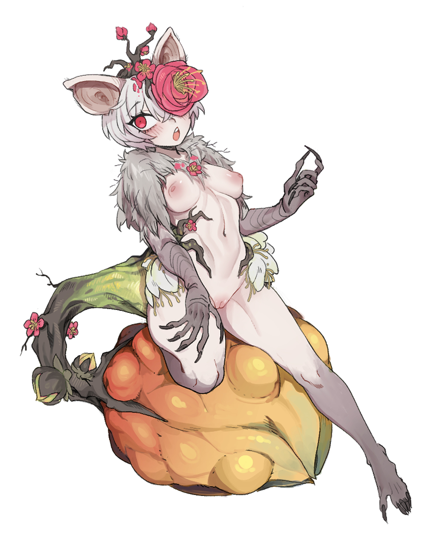 1girls animal_ears animal_humanoid branch breasts claws female flower fruit fur monster nyong_nyong pussy ragetail rat red_eyes small_breasts solo white_background white_hair wild_hearts