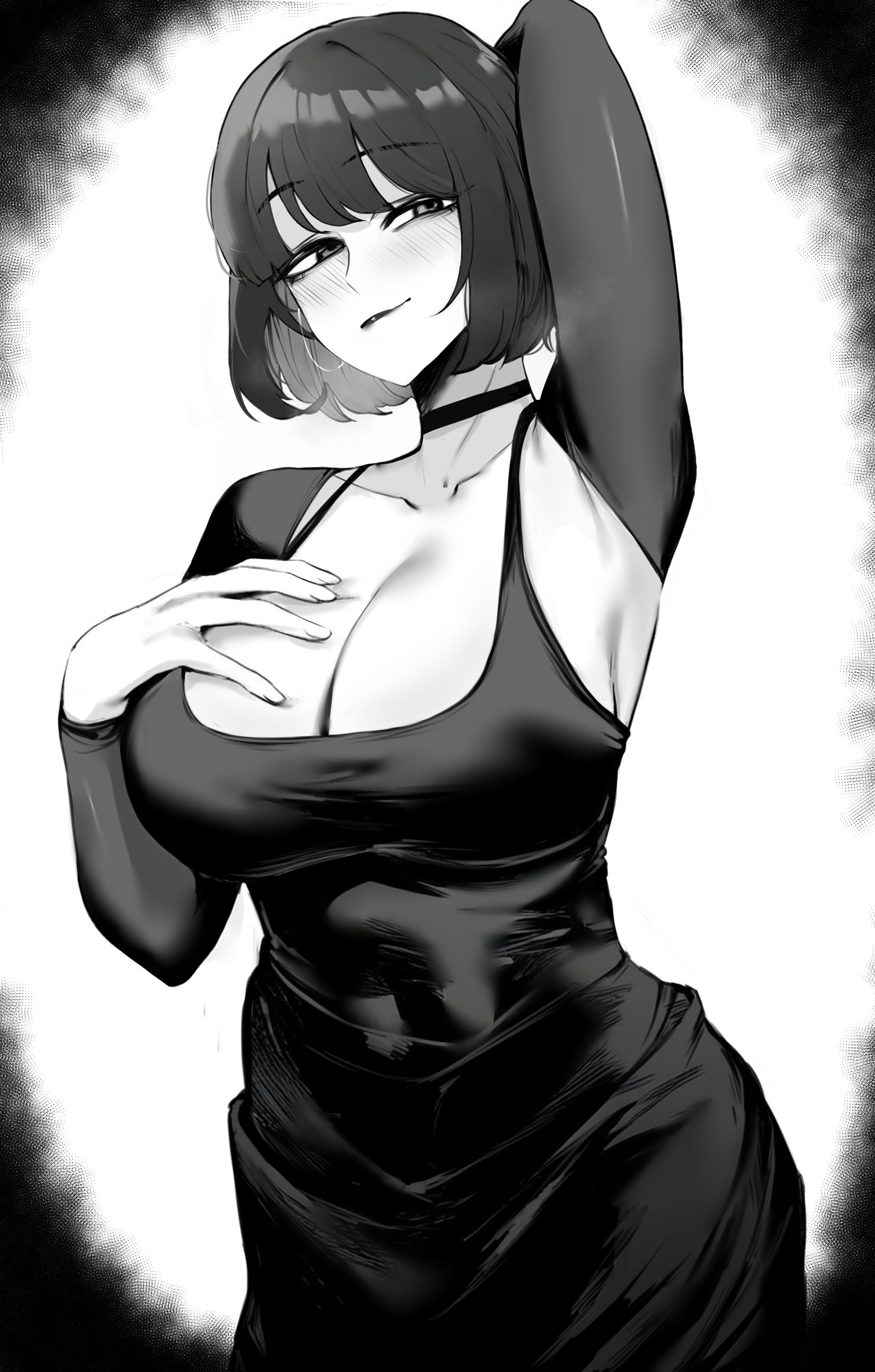 1girls, arm up, armpit, armpits, arms up, big breasts, black hair, blush, bob cut, breasts, busty, character request, cleavage, curves, curvy, dark hair, female, female only, huge breasts, large breasts, masoq095, milf, monochrome, revealing clothes
