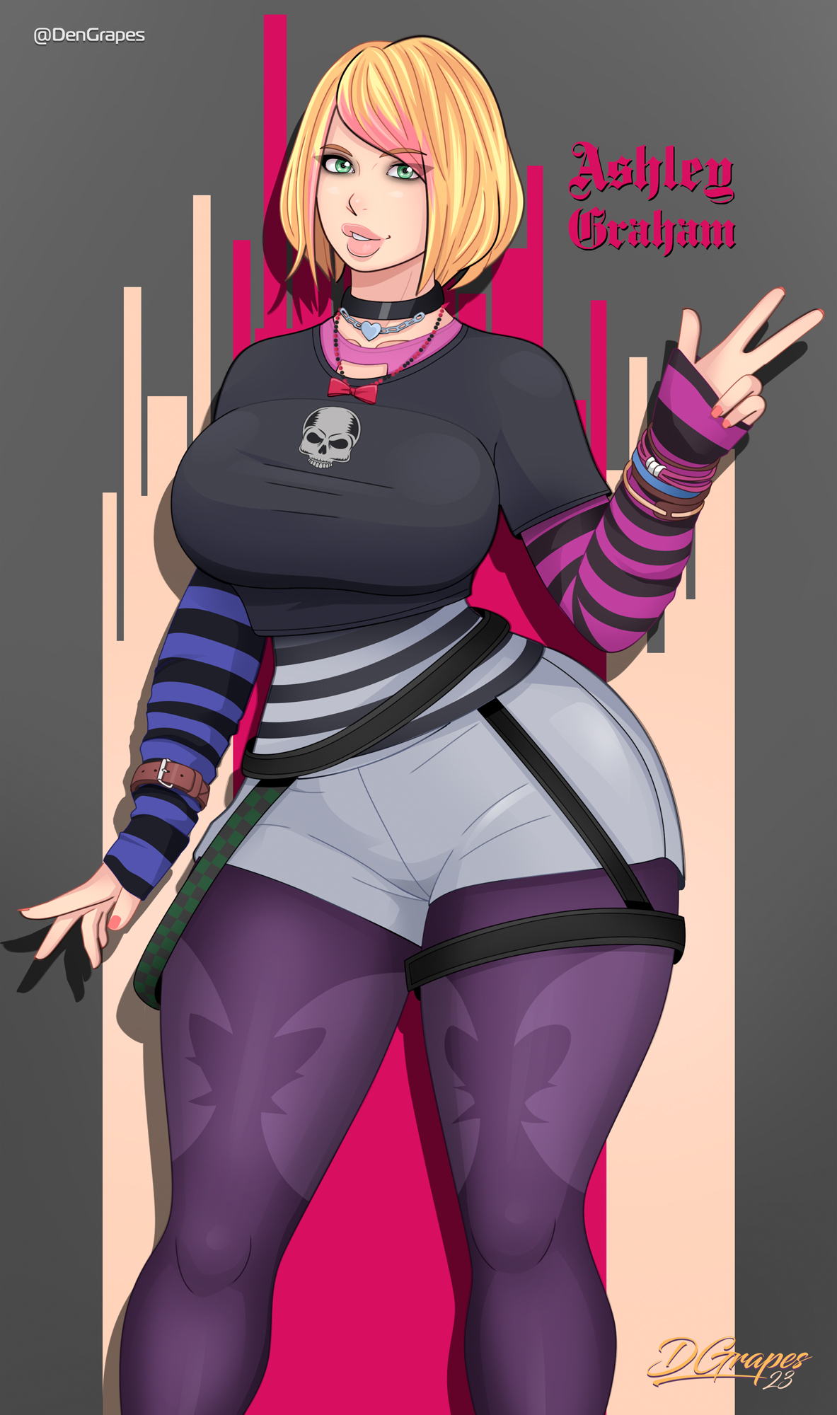 1girls, 2023, ashley graham, ashley graham (ella freya), big breasts, blonde hair, breasts, capcom, clothing, dante-grapes, female, female only, green eyes, hi res, looking at viewer, medium hair, pink highlights, resident evil, resident evil 4, resident evil 4 remake, smiling, smiling at viewer, solo, thick thighs, v sign