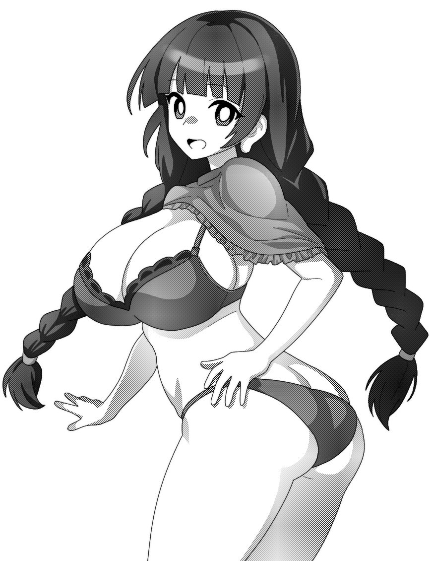 ass bikini braid breasts cleavage commentary female greyscale large_breasts long_hair looking_at_viewer monochrome narumi_yatadera onkn_sxkn open_mouth simple_background solo swimsuit touhou twin_braids yatadera_narumi