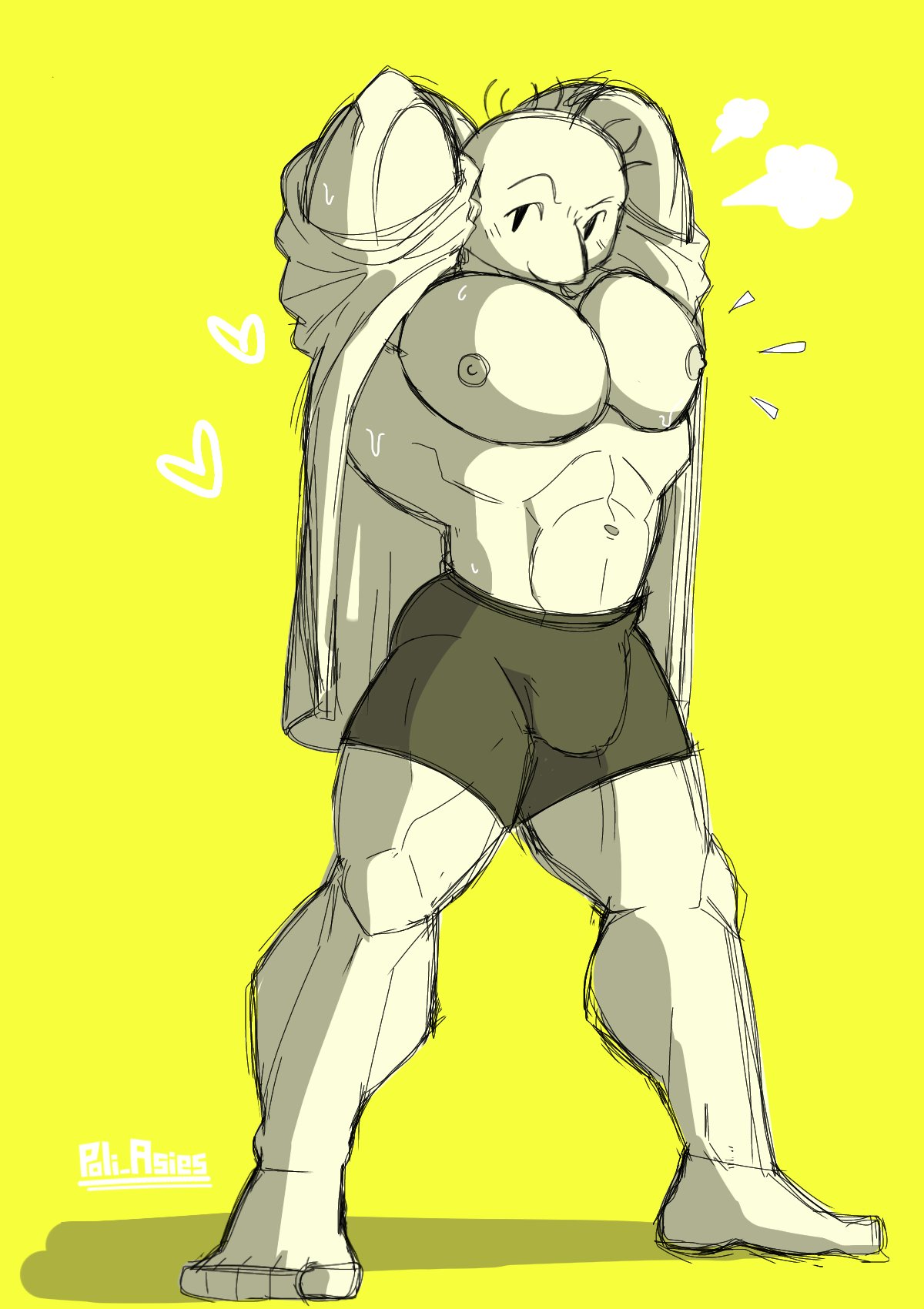 1boy arms_behind_head arms_up bulge bulge_through_clothing bulge_under_clothes erect_nipples heart huge_pecs karate_joe lanopoli loose_shirt male male_only man_boobs muscles muscular muscular_male presenting_pecs rhythm_heaven shorts tight_clothing