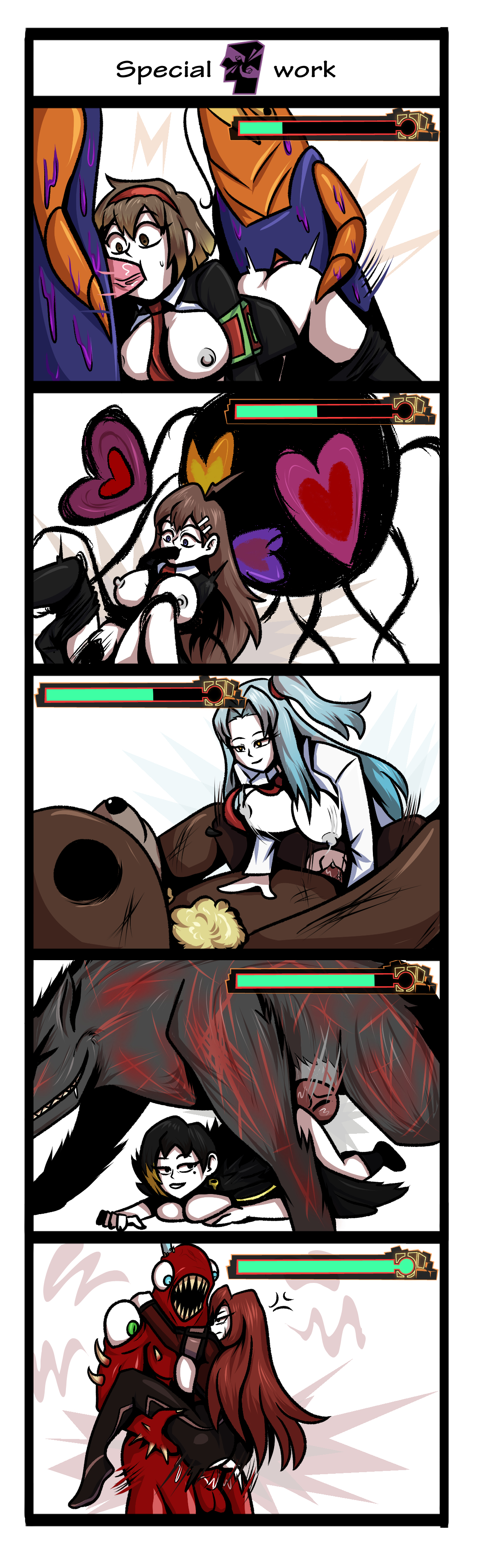 5girls, 5koma, anal, angela (lobotomy corporation), bakaiju, big penis, binah, blowjob, breasts, carrying, comic, female, fragment of the universe (lobotomy corporation), gebura (lobotomy corporation), happy teddy bear (lobotomy corporation), hod (lobotomy corporation), lobotomy corporation, long hair, male, malkuth (lobotomy corporation), nothing there, opened can of wellcheers (lobotomy corporation), penis, project moon, pussy, red hair, stockings, straight, straight sex, suit, tentacle, tie, vaginal