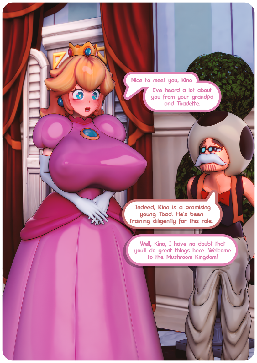 3d 3d_(artwork) big_breasts blonde_hair blue_earrings clothed comic crown dialogue dontaco dress earrings female hard_nipples makeup mario_(series) nipples_visible_through_clothing no_bra no_underwear princess_peach royalty speech_bubble toadsworth transparent_clothing