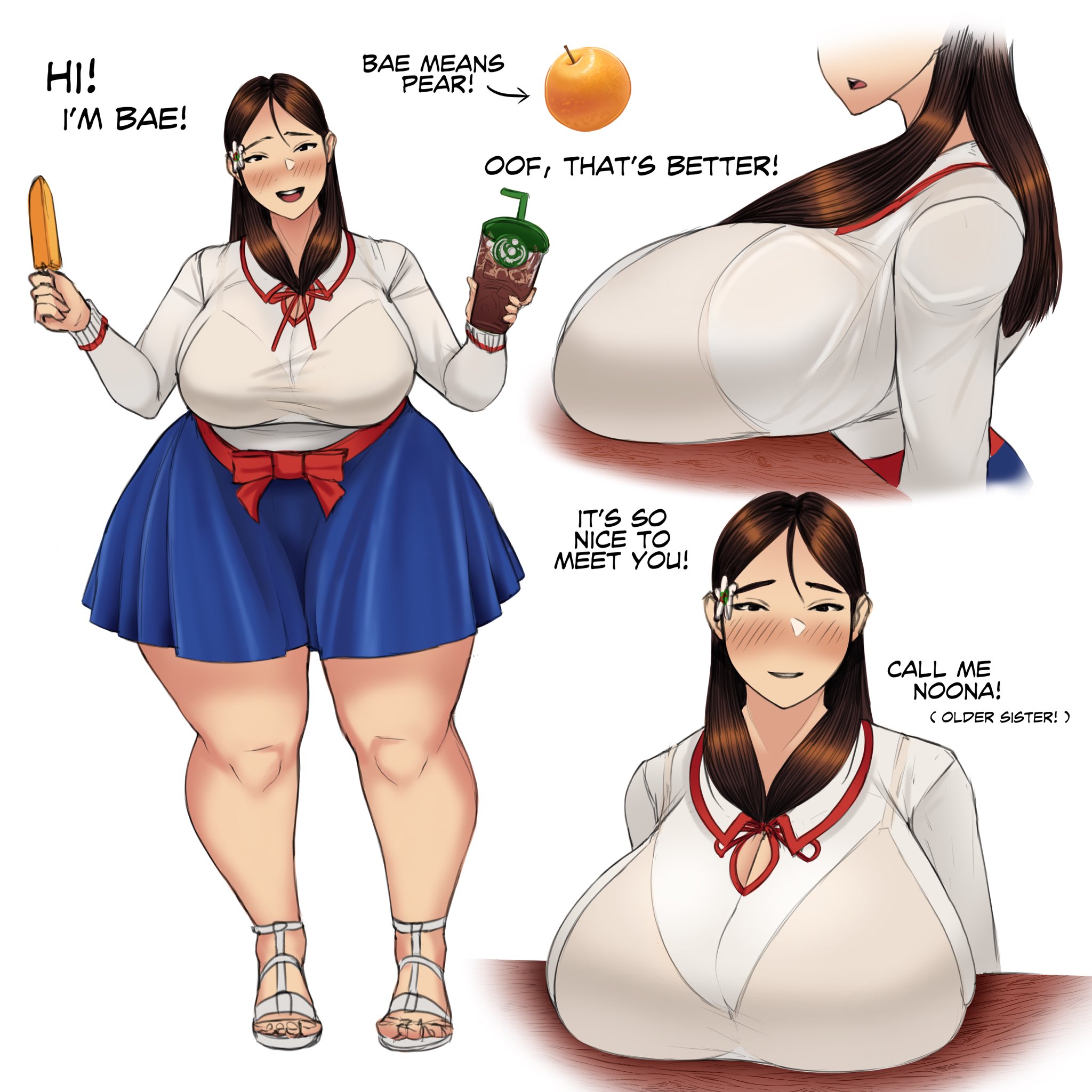 bae (toroboro), bbw, bra, breast rest, breasts, cleavage, dialogue, drink, female, large breasts, popsicle, sandals, skirt, thick thighs, toroboro, transparent clothing