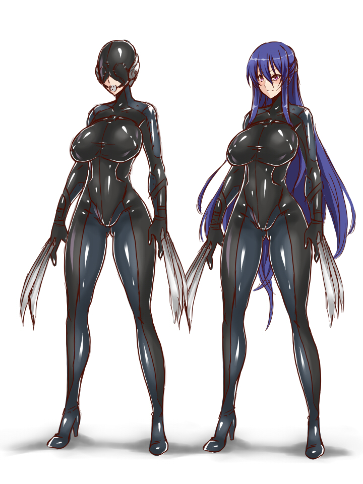 1girls akiyama_rinko ball_gag blue_hair bodysuit bondage bondage_hood brainwashed breasts claw_(weapon) claws dronification enemy_conversion femsub gag gagged gimp_suit high_heels hood identity_death large_breasts latex latex_bodysuit long_hair maronkoubou mind_control purple_eyes sensory_deprivation slave slave_warrior submissive_female taimanin_(series) taimanin_yukikaze taimanin_yukikaze_2 utter_domination weapons