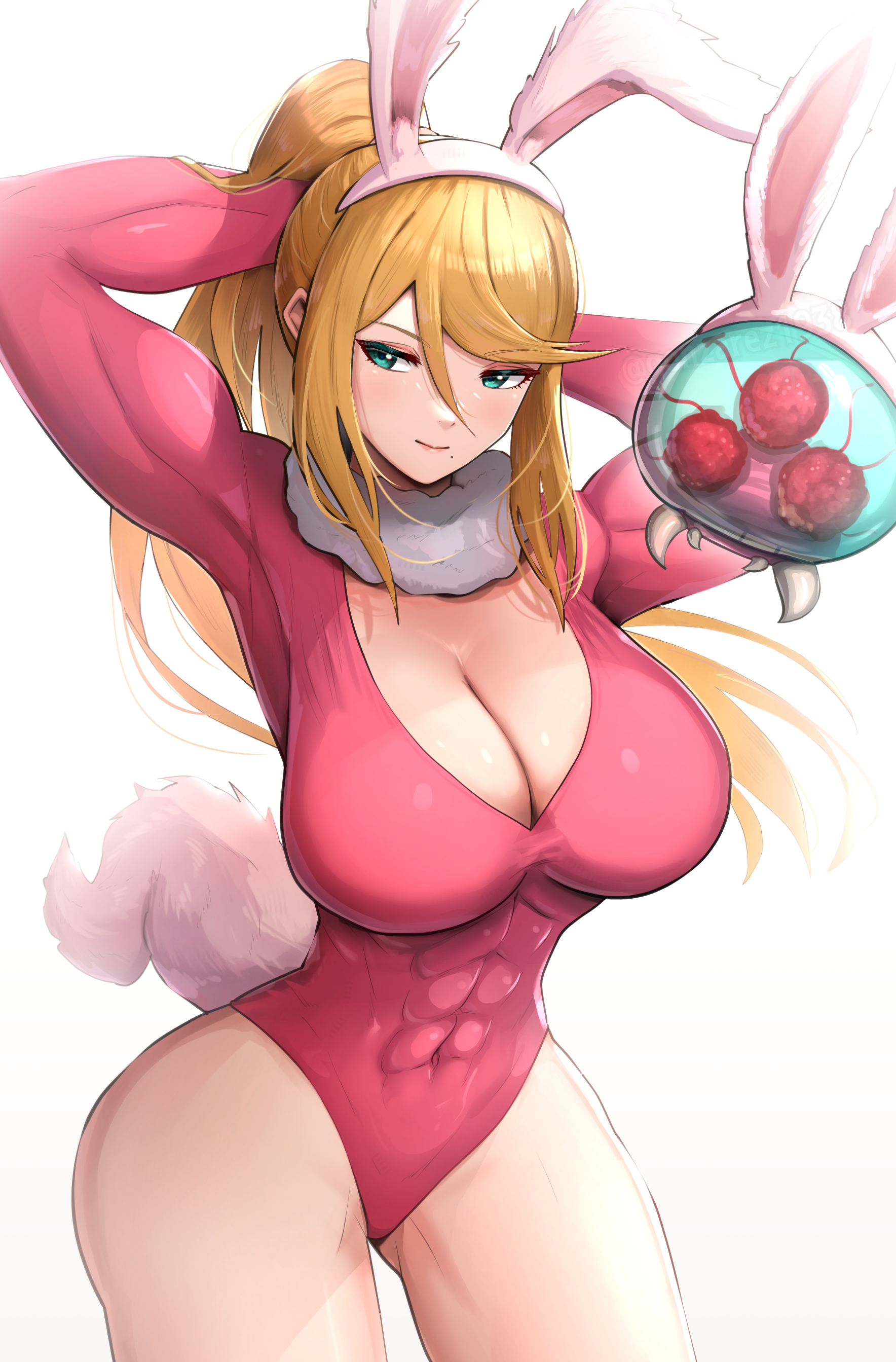 1girls, abs, athletic, athletic female, blonde hair, blue eyes, breasts, bunny ears, bunny tail, detached collar, fake animal ears, fake tail, female, fit, fit female, gonzarez, large breasts, leotard, metroid, metroid (creature), mole, mole under mouth, nintendo, pink leotard, playboy bunny, ponytail, samus aran