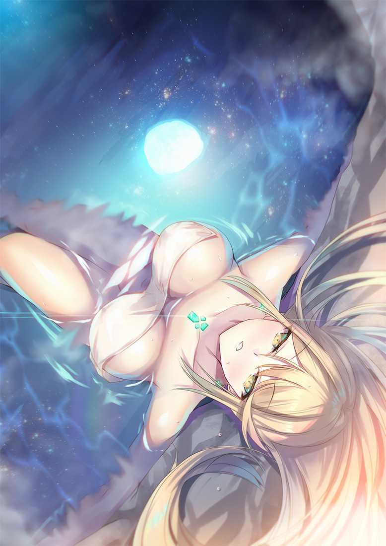 1girls blonde_hair breasts core_crystal earrings full_moon hot_spring in_water inoue_takuya_(pixiv_99697) large_breasts long_hair looking_at_viewer moon mythra_(xenoblade) naked_towel nintendo reflection towel towel_only water water_reflection xenoblade_(series) xenoblade_chronicles_2 yellow_eyes