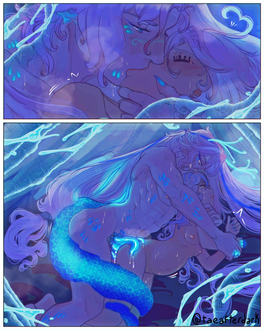 1boy, 1girls, ahoge, blue hair, dragon, dragon tail, female, furina (genshin impact), genshin impact, heart ahoge, highres, humanoid on human, kissing, light blue hair, male, multicolored hair, neuvillette (genshin impact), penis, pregnant, ring, scales, sex, taeafterdark, tagme, unusual anatomy, unusual genitalia, unusual penis, white hair