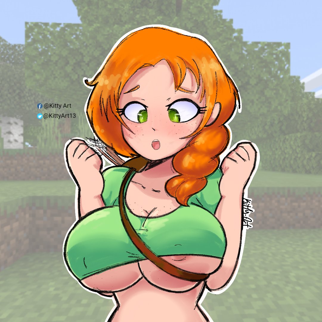 1girls alex_(minecraft) big_breasts blush freckles ginger ginger_hair green_eyes looking_down minecraft quiver revealing_clothes surprised tight_clothing visible_nipples