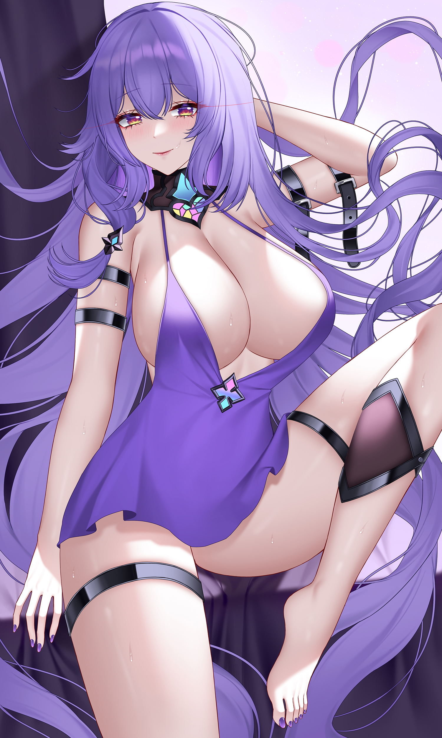 belt, big breasts, black swan (honkai: star rail), breasts, female, honkai: star rail, long hair, no bra, purple dress, purple hair