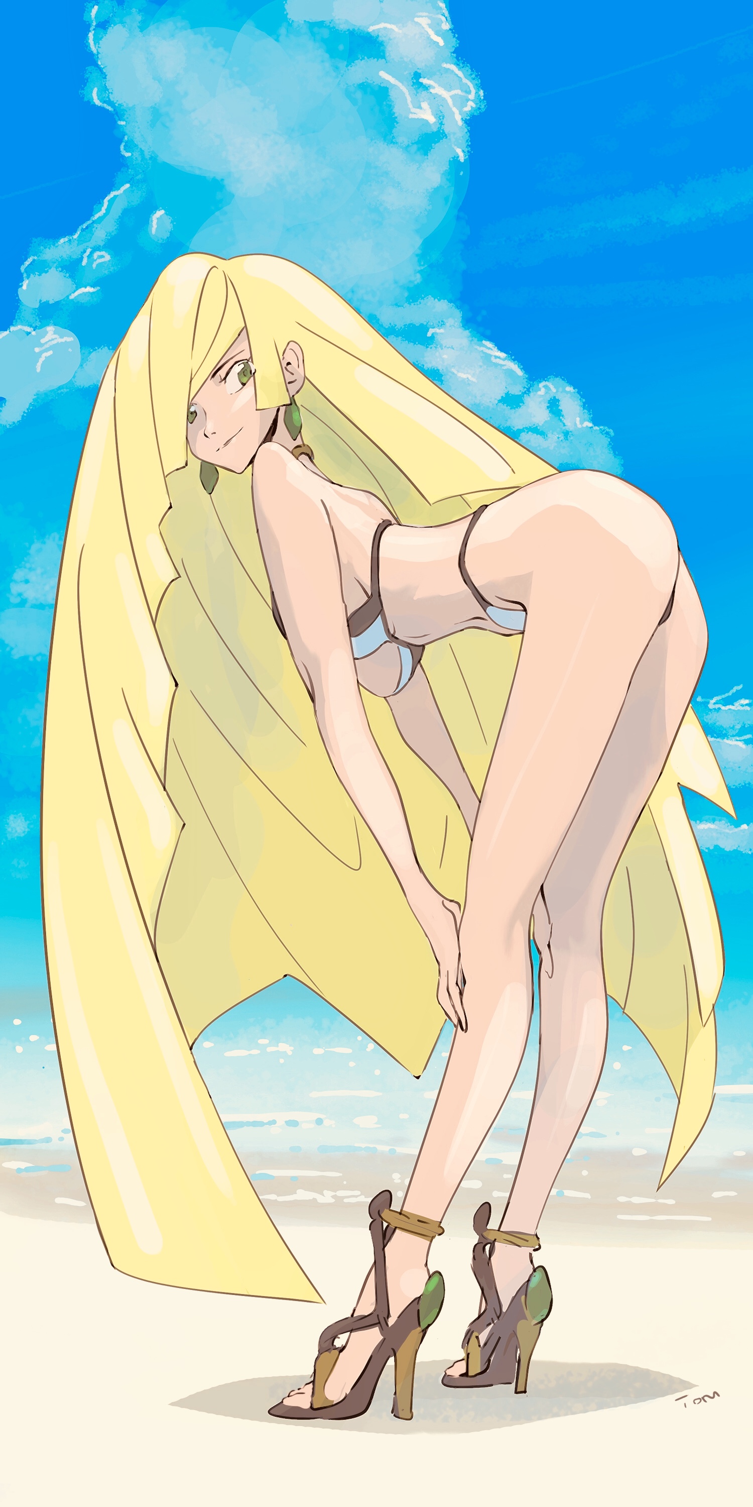 1girls, aether foundation, ass, back, beach, bending over, bent over, bikini, blonde hair, blue bikini, breasts, cleavage, clothes, day, earrings, eye contact, female, female only, green eyes, hair over one eye, high heels, human, long hair, looking at viewer, lusamine (pokemon), milf, mother, nintendo, open toe shoes, pokemon, pokemon sm, sand, shadow, shoes, side view, sideboob, text, very long hair, watermark