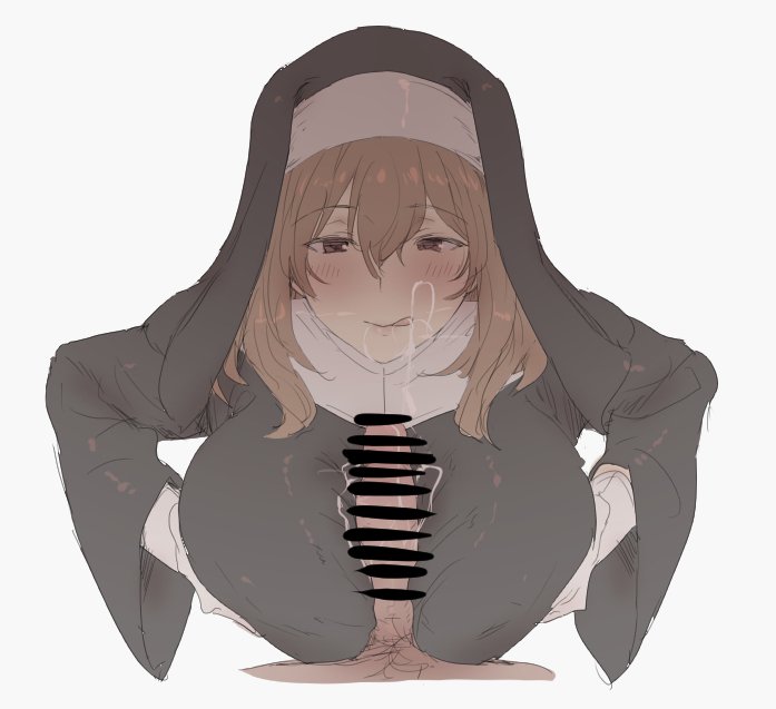 1boy, 1girls, 2019, bar censor, big penis, breasts, brown hair, censored, cum, cum on face, duo, faceless male, female, hair between eyes, huge breasts, human, large breasts, licking lips, long hair, long penis, looking at penis, looking down, male, mdf an, nun, nun (mdf an), nun's habit, original, paizuri, paizuri over clothes, penis, simple background, solo focus, straight, tongue, tongue out, white background