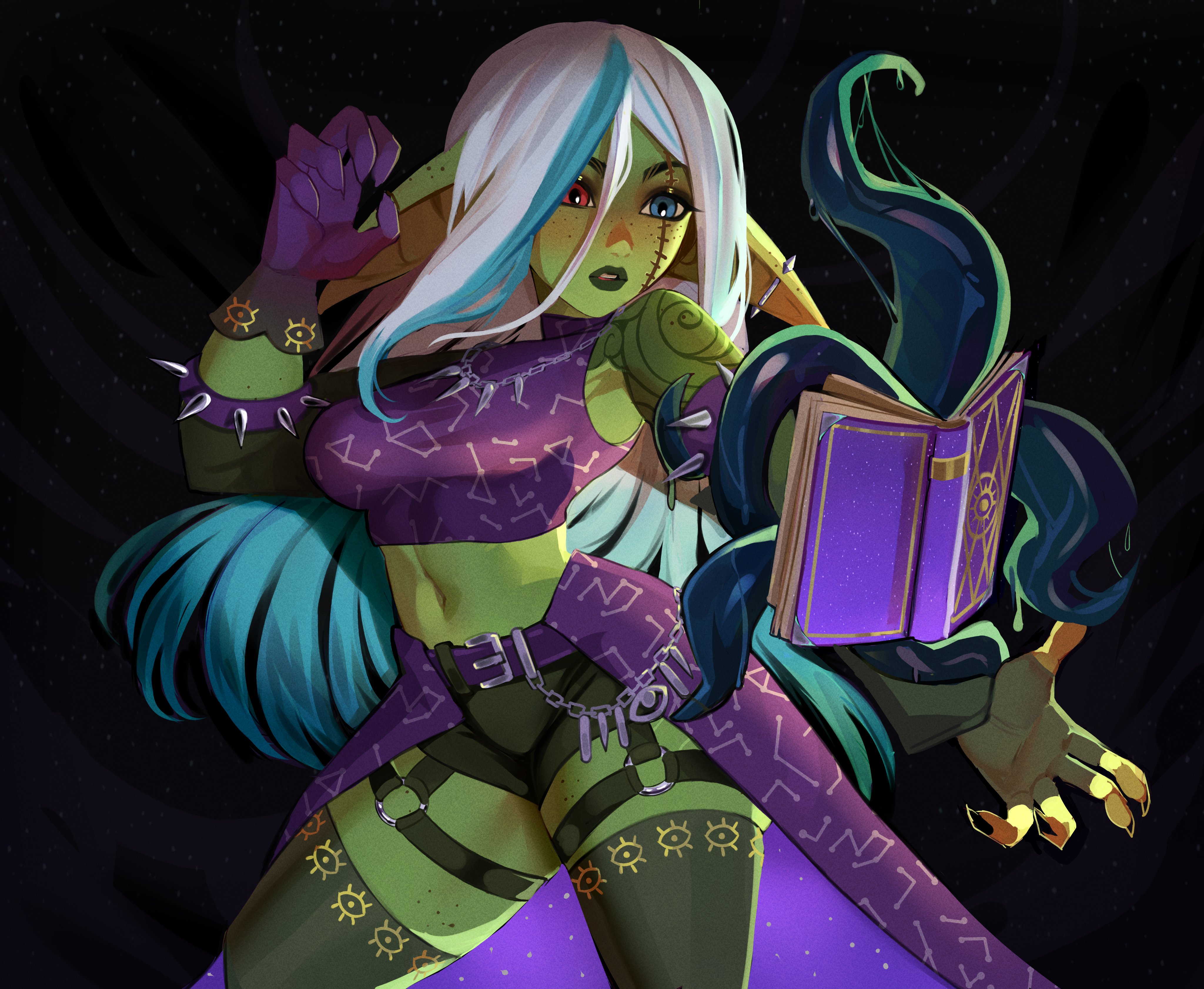 1girls, absurd res, aqua hair, big ears, blue eyes, book, clothed, clothing, ear piercing, fawn (maewix1), female, female only, freckles, goblin, goblin female, green skin, heterochromia, long hair, maewix1, pointy ears, red eyes, scar, scar across eye, solo, summoning, tentacle, thighhighs, two-tone hair, white hair