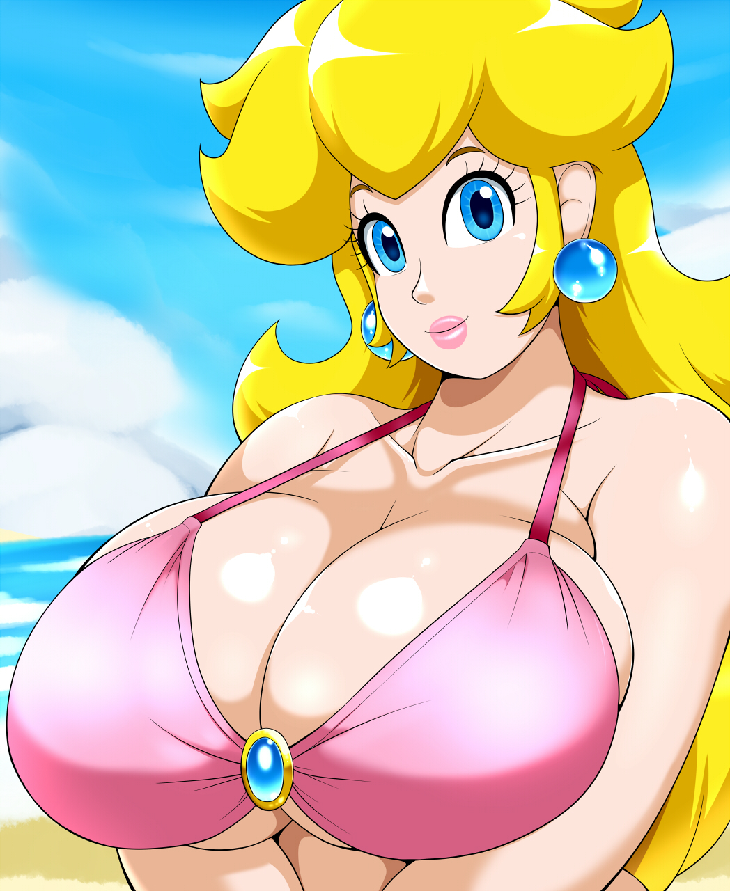 1girls, bangs, beach, bikini, bikini top, blue eyes, breasts, cleavage, clothed, collarbone, earrings, eyelashes, female, female only, front view, highres, huge breasts, human, jpeg, lipstick, long hair, mario (series), nintendo, outdoors, pink bikini, pink lipstick, princess peach, sidelocks, smile, solo, speeds, upper body, very long hair