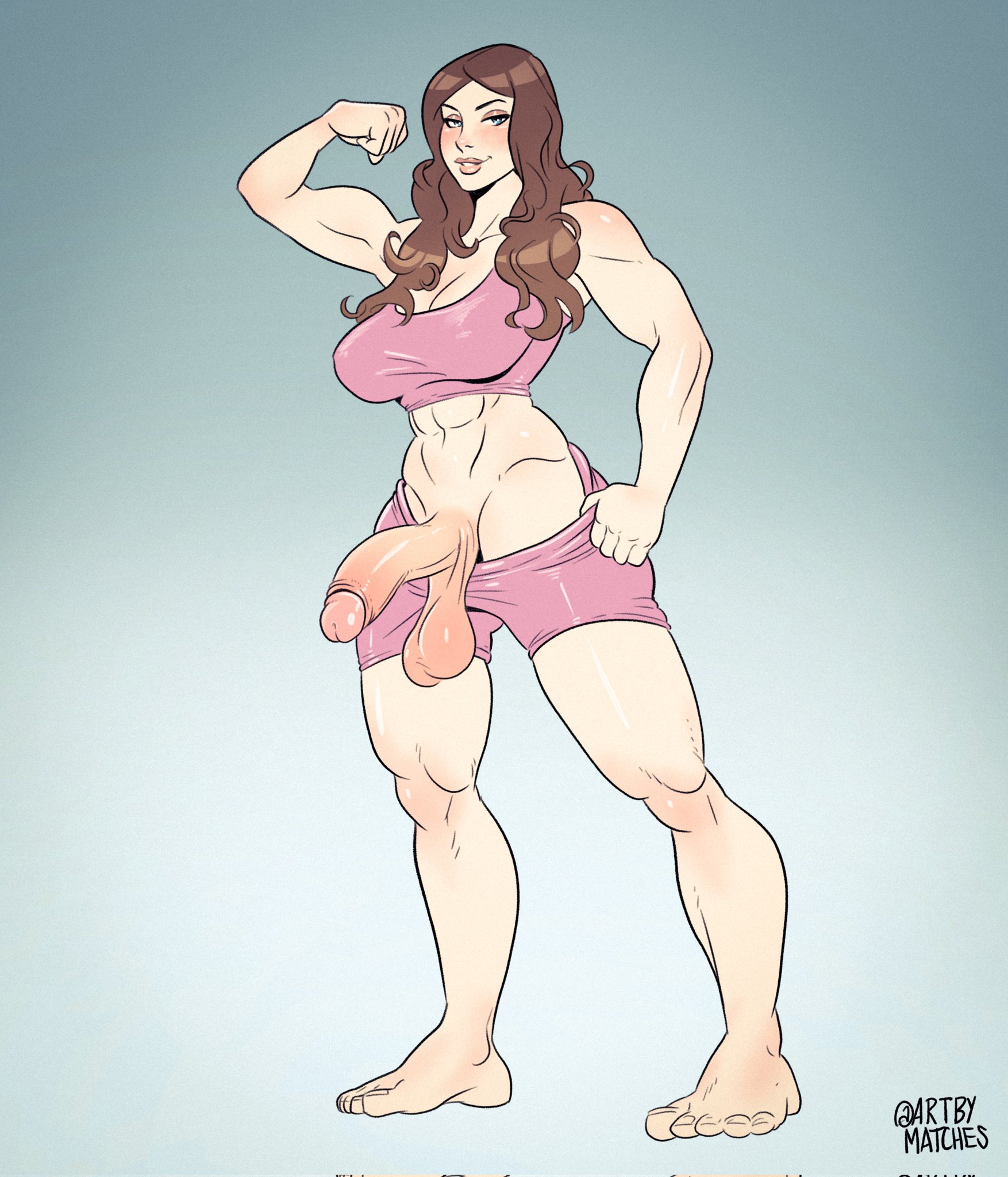 1futa, abs, artbymatches, balls, big balls, big breasts, big feet, big penis, blue eyes, breasts, brown hair, clothed, clothing, erection, feet, full body, futa only, futanari, half-erect, hanging balls, human, intersex, light skin, light-skinned futa, long hair, mostly clothed, muscular, muscular futa, penis, smooth balls, smooth penis, solo, standing