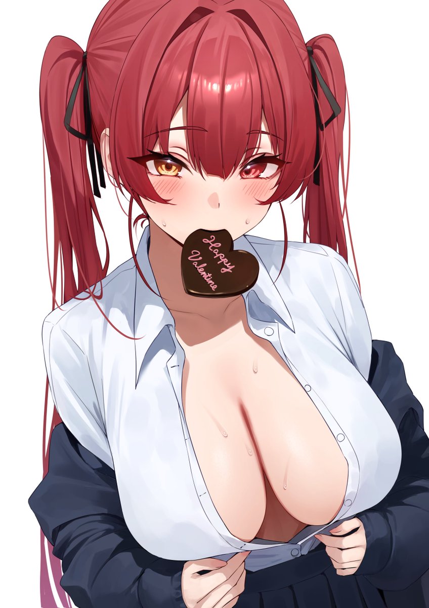 1girls 2d 2d_(artwork) big_breasts button_down_shirt chocolate_heart cleavage clothed clothing digital_drawing_(artwork) heterochromia hololive hololive_fantasy hololive_japan houshou_marine sweat tagme_(artist) twintails valentine's_day virtual_youtuber vtuber