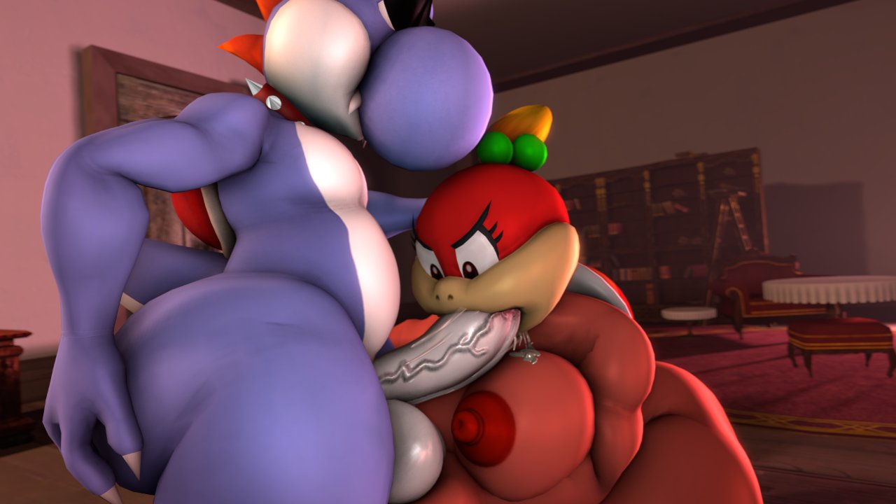 1boy 1girls 3d 3d_(artwork) balls big_breasts big_nipples big_penis big_thighs blonde_hair blowjob blue_skin boshi breasts claws collar cum cum_drip duo fangs female female/male indoors living_room male male/female mario_(series) naked nintendo nipples nude penis pink_body pink_skin pom_pom_(mario) ponytail red_eyes red_nipples sideass spiked_collar sucking_penis sunglasses tail thatknowndude thick thick_hips thick_thighs thighs tied_hair wide_hips yoshi