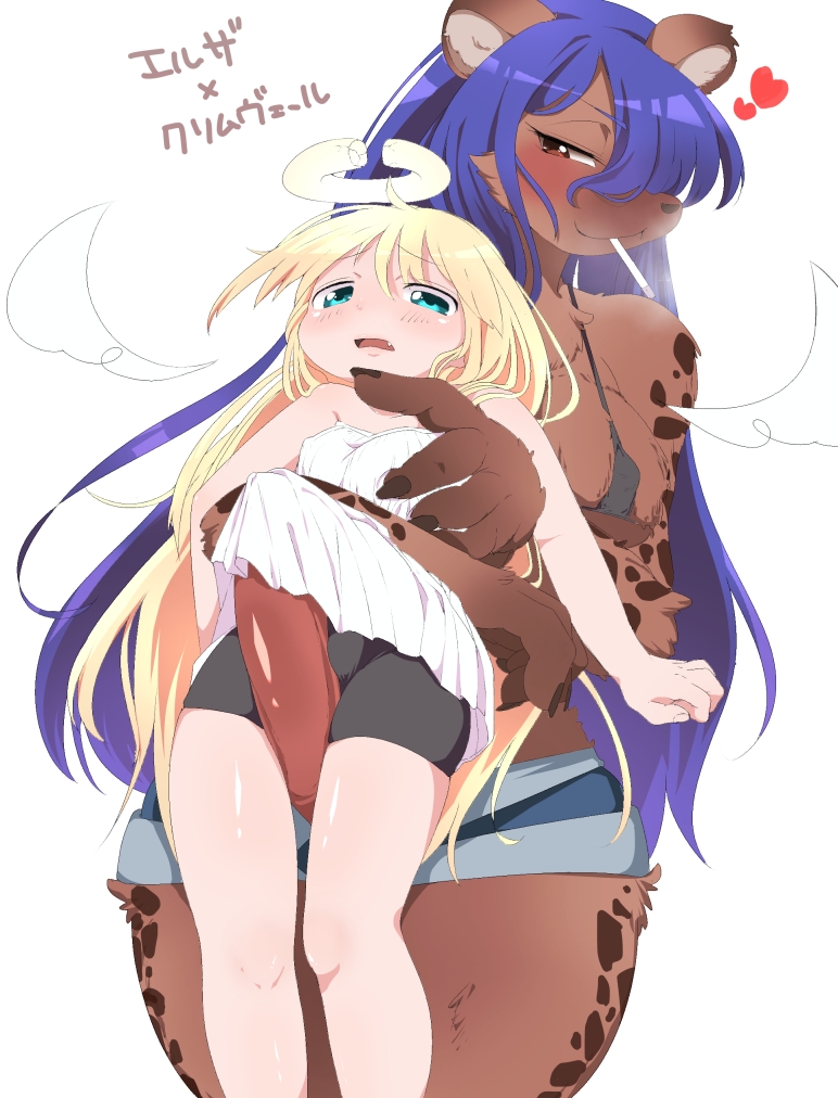 angel anthro blonde_hair blue_hair blush breasts brown_body brown_ears brown_fur bulge cheek_tuft cigarette cigarette_in_mouth clothing crimvael duo elza_(ishuzoku_reviewers) embrace facial_tuft fingers fur fur_tuft futanari hair halo hug hugging_from_behind hyena ishuzoku_reviewers japanese_text komochizuki larger_anthro mammal markings monster_girl object_in_mouth open_mouth simple_background size_difference smoking spots spotted_body spotted_fur text tongue topwear tuft white_background white_wings wings