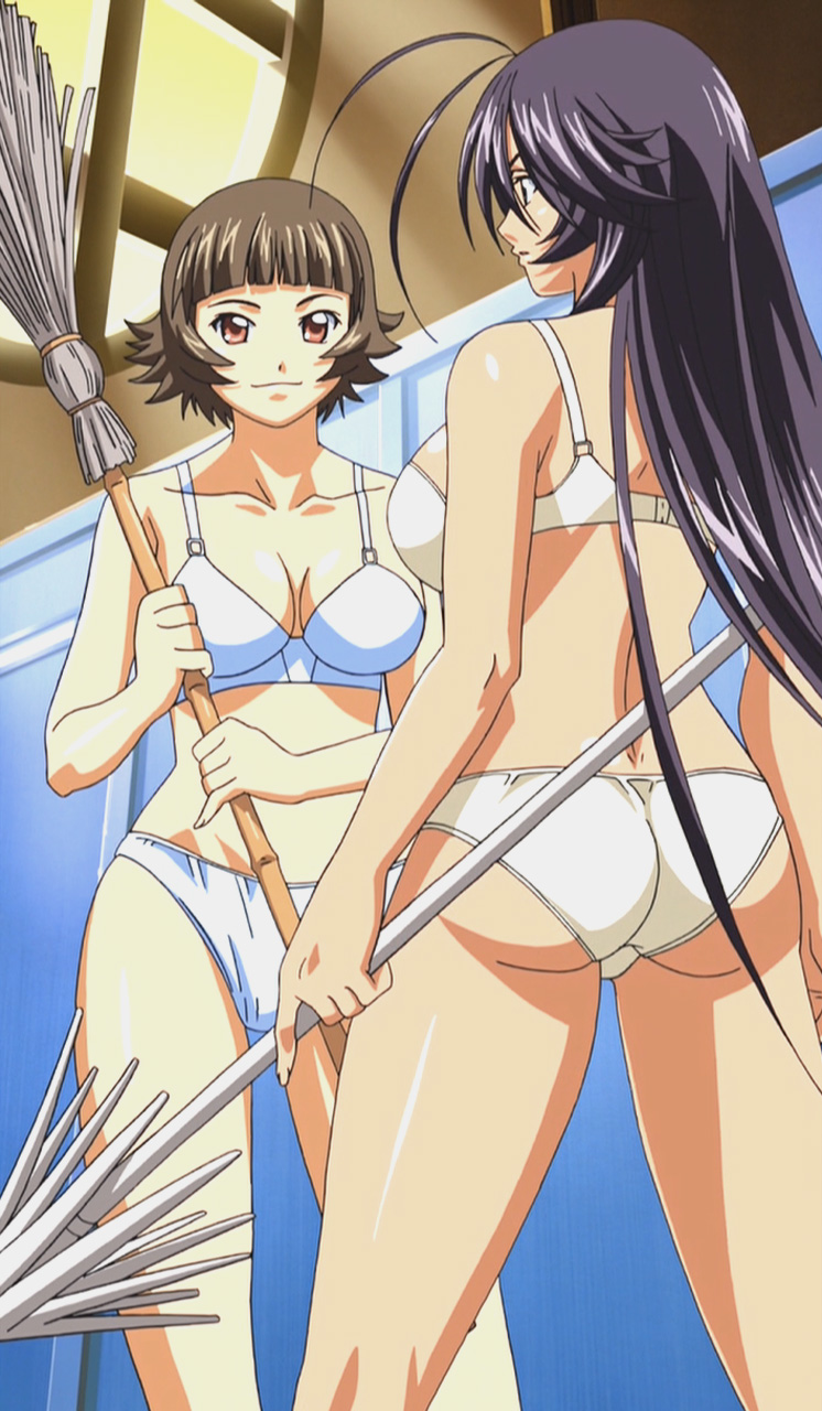 2girls antenna_hair ass bra breasts brown_eyes brown_hair chouhi_ekitoku edited highres holding ikkitousen kan'u_unchou large_breasts long_hair looking_away multiple_girls panties purple_hair screencap short_hair sideboob standing stitched third-party_edit underwear very_long_hair weapon