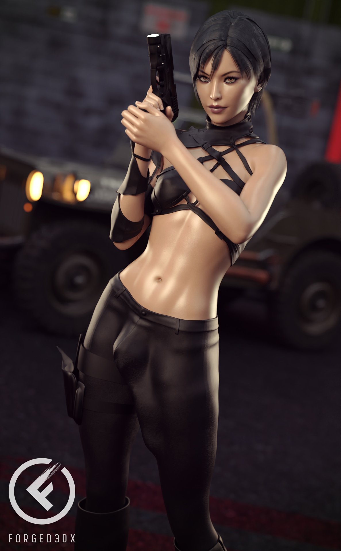 1futa, 3d, ada wong, asian, asymmetrical hair, big penis, black hair, bottomwear, breasts, bulge, cleavage, dark hair, dickgirl, eyelashes, firearm, fit, forged3dx, futa only, futanari, gun, handgun, holding gun, holster, intersex, looking at viewer, mascara, navel, penis, penis shaped bulge, pistol, resident evil, short hair, solo, solo futa, thigh strap, watermark, weapon