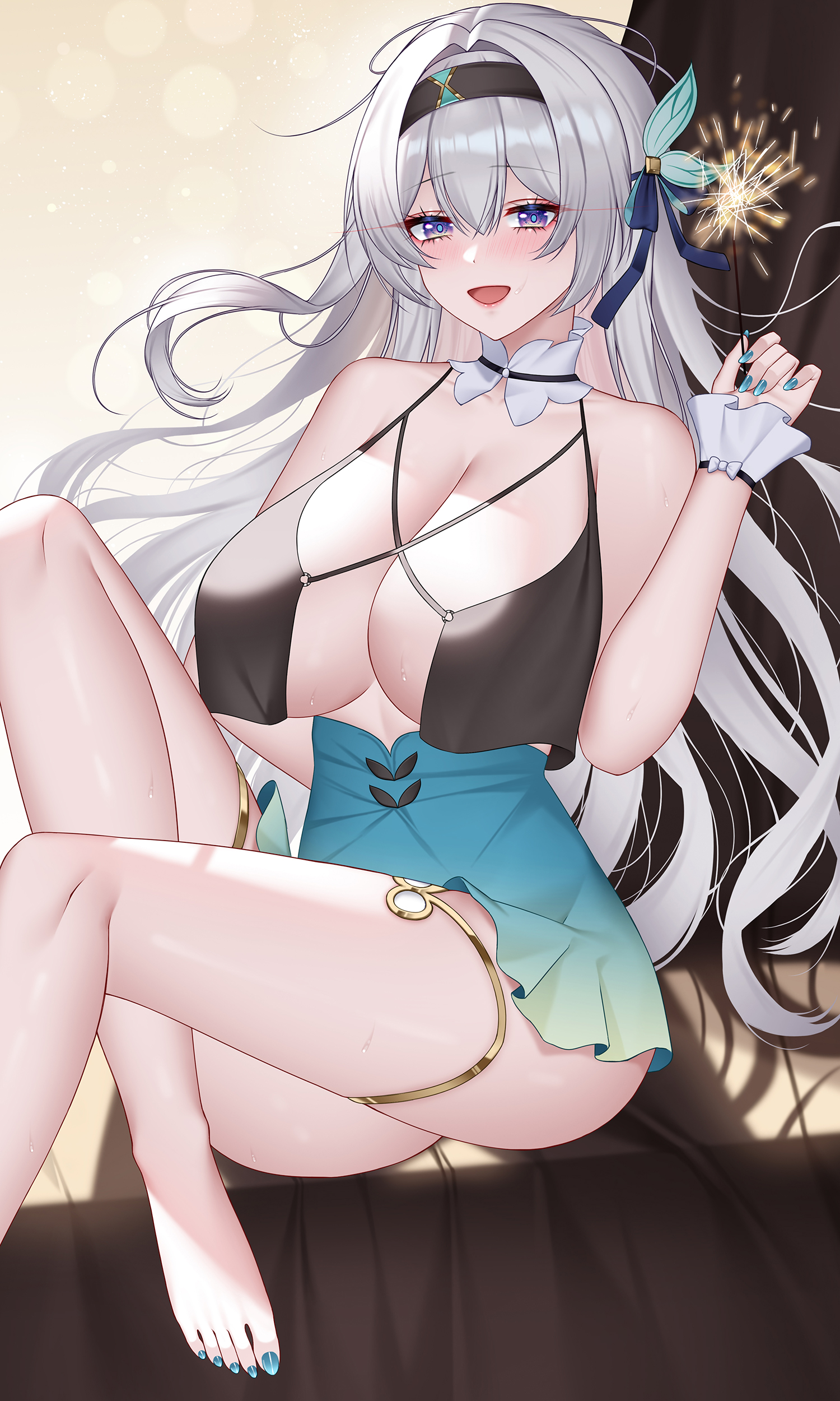 big breasts, breasts, female, firefly (honkai: star rail), hair ornament, honkai: star rail, long hair, multicolored eyes, no bra, silver hair