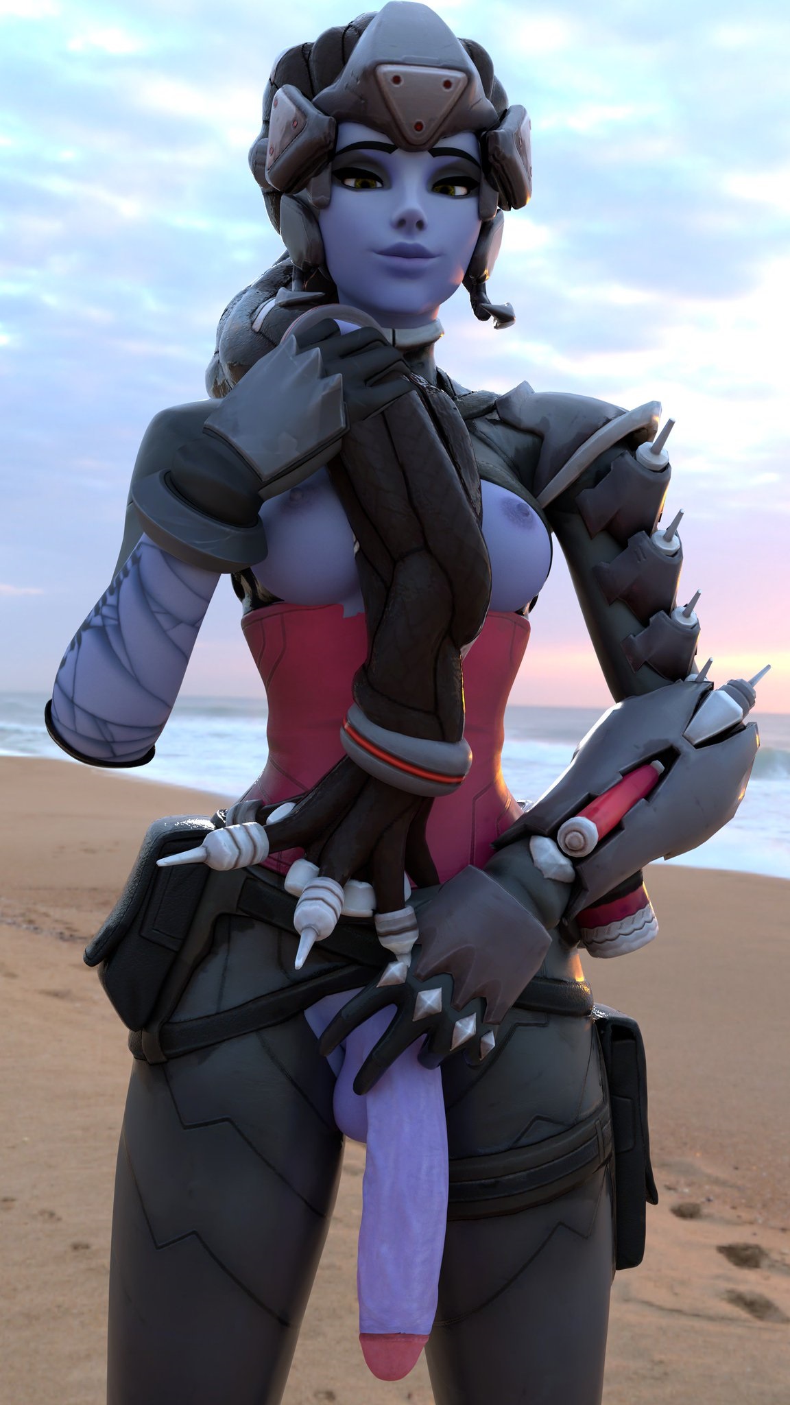1futa, 3d, alternate costume, black hair, blizzard entertainment, breasts, dickgirl, futa only, futanari, intersex, long hair, looking at viewer, noire widowmaker, overwatch, partially clothed, penis, solo, solo futa, sourcemaker, widowmaker