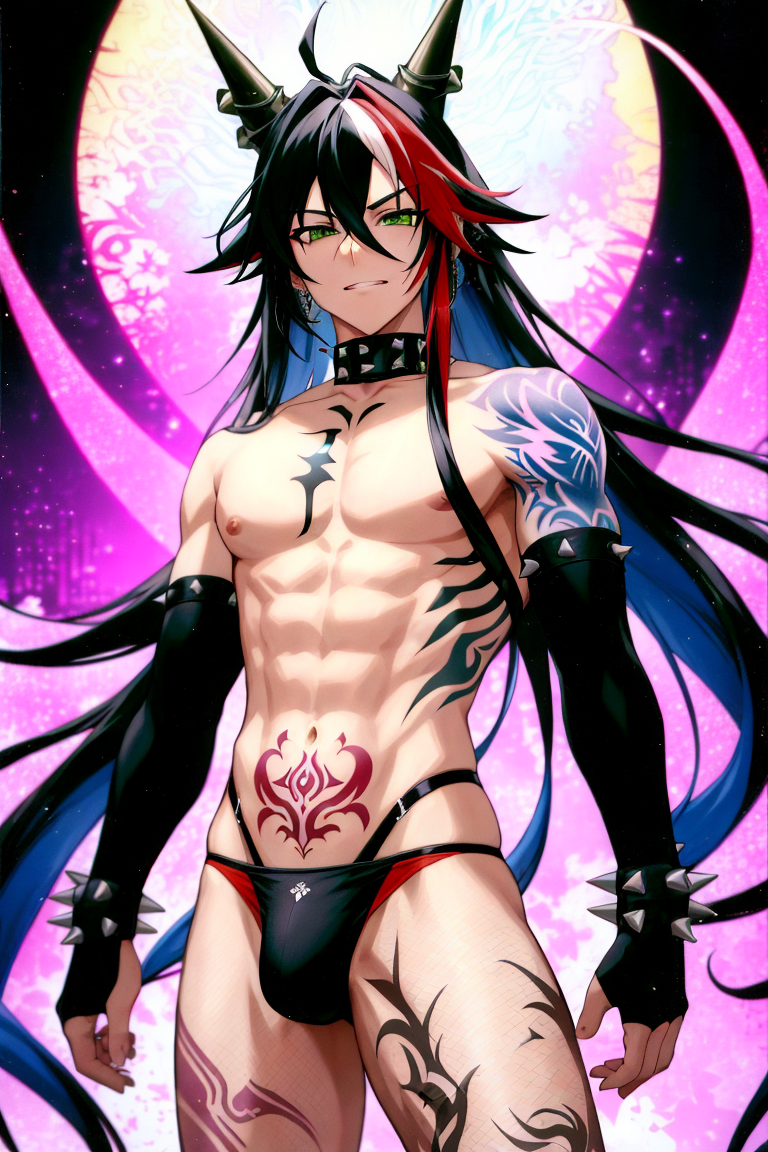 1boy ai_generated choker horn male male_only neko_boy pelvic_tattoo solo solo_male speedo tagme tattoo