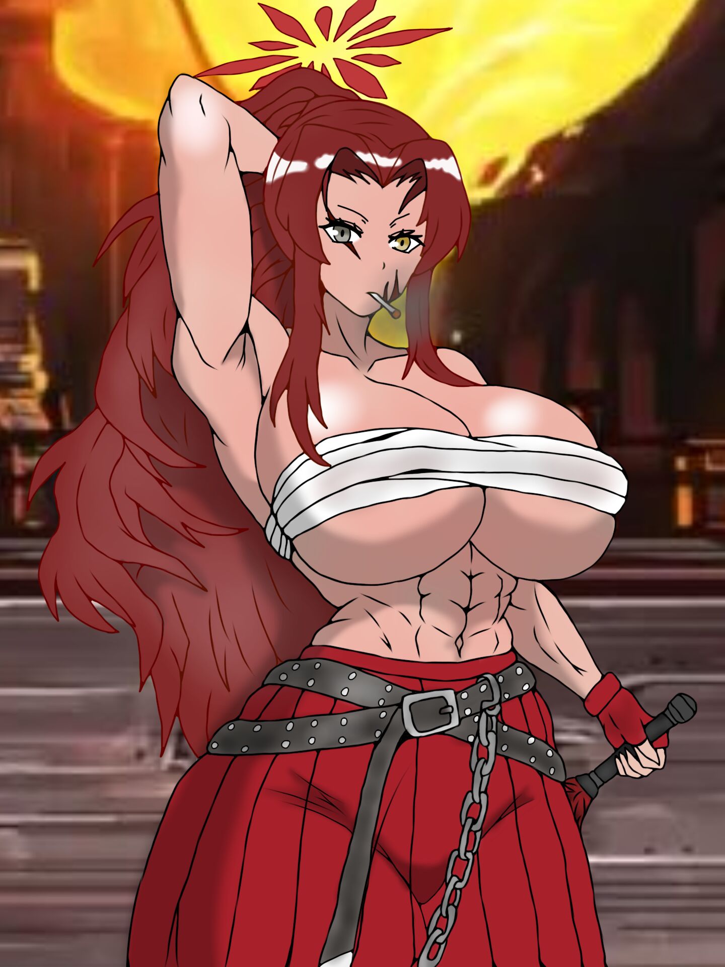 1girls, akemi (blue archive), bandaged chest, belt, blue archive, chesed95850218, cleavage, clothing, gebura (lobotomy corporation), huge breasts, library of ruina, lobotomy corporation, muscular female, project moon, red hair, scars, skirt, smoking, tagme, underboob