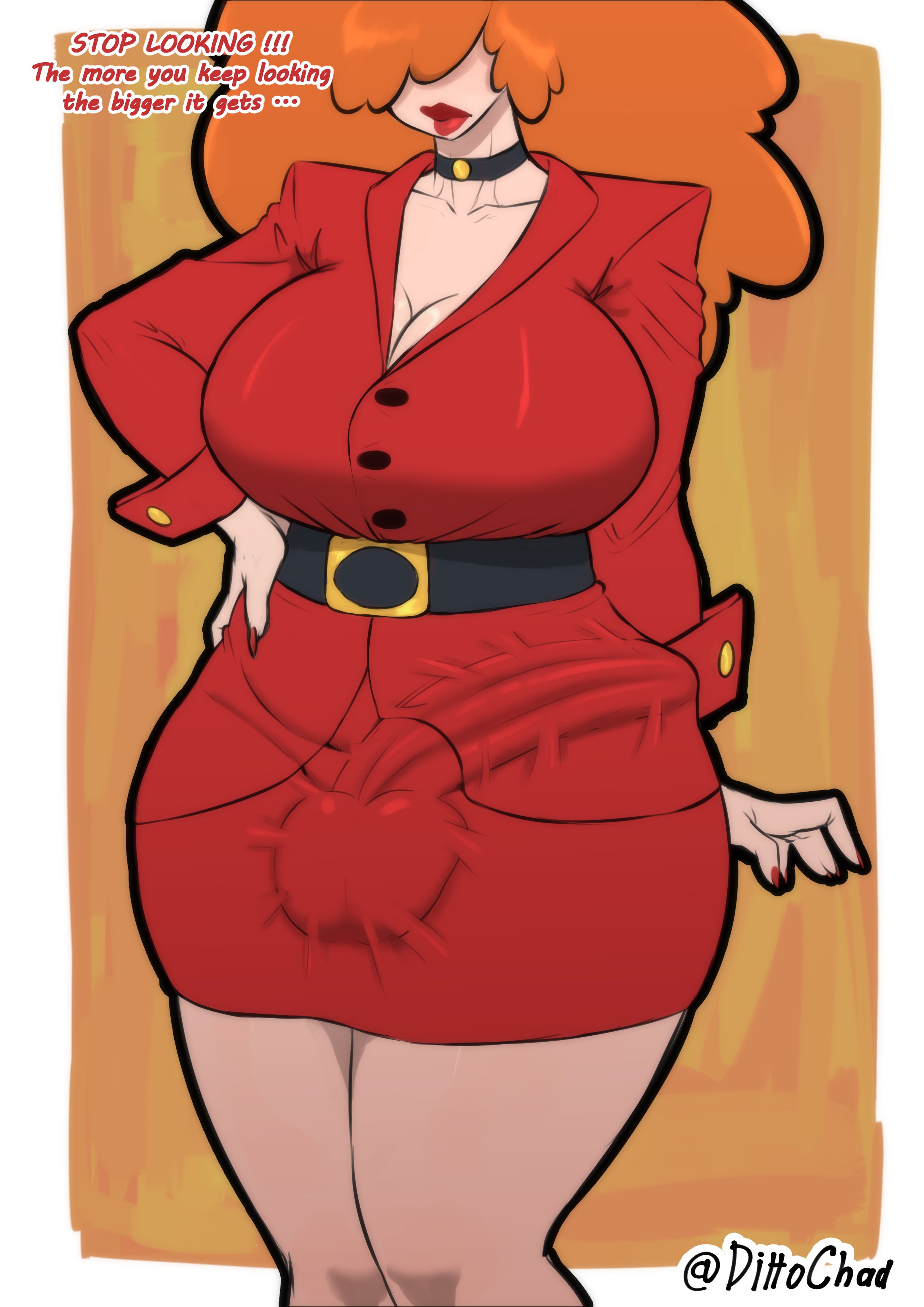 1futa, balls, boner, boner in pants, boner under clothes, breasts, bulge, bulge through clothing, bulge under clothes, cleavage, clothed, clothing, covered eyes, dialogue, dittochad, dress, english text, erection, erection under clothes, erection under clothing, erection under dress, fat cock, fully clothed, futa only, futanari, ginger, ginger hair, hair over eyes, hidden eyes, huge breasts, huge cock, human, imminent fellatio, imminent oral, intersex, large breasts, light skin, light-skinned futa, lips, lipstick, long hair, looking at viewer, orange hair, penis, pent up, powerpuff girls, sara bellum, solo, solo futa, standing, tenting, text, throbbing penis