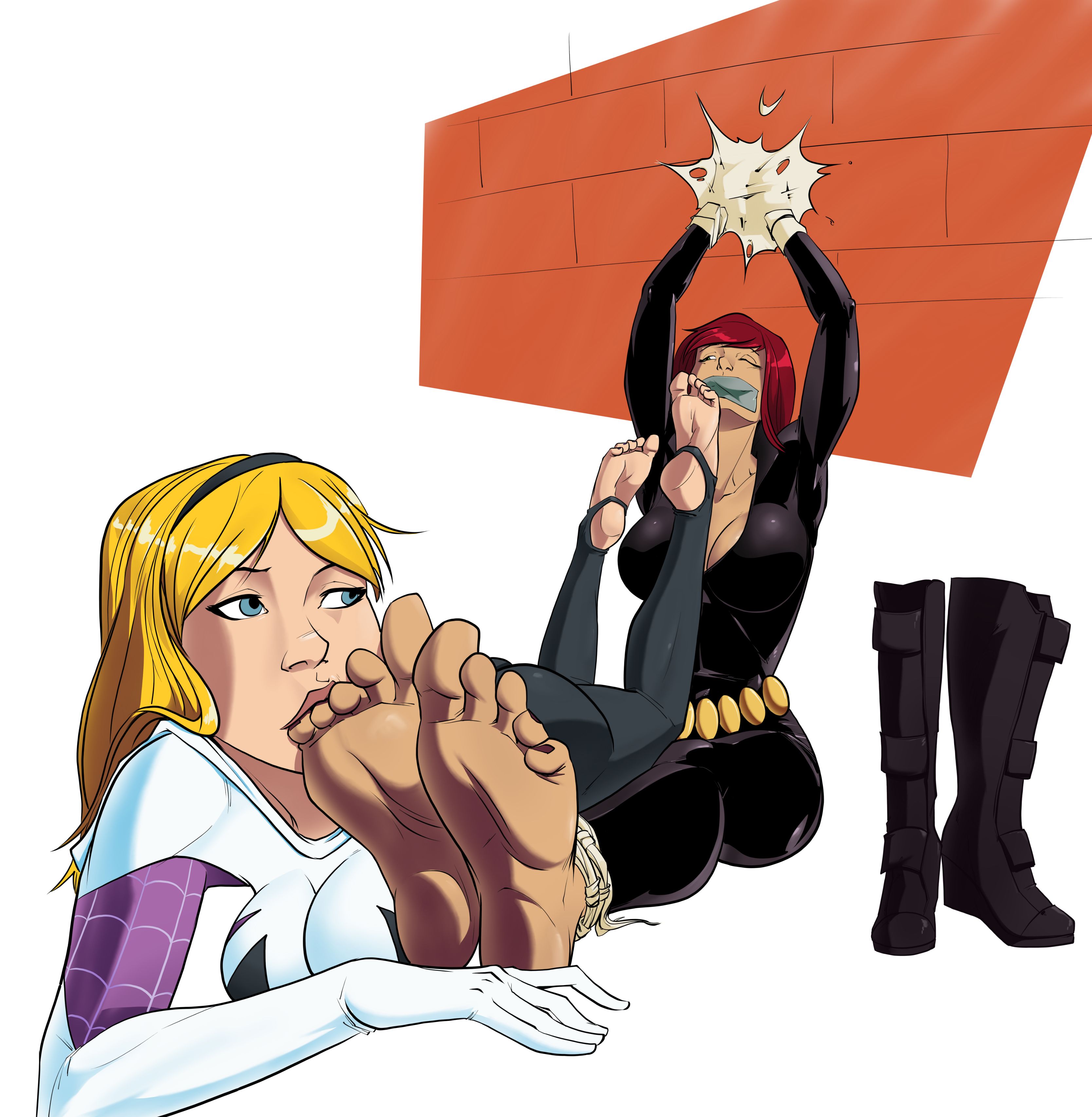 2girls, barefoot, big boobs, big breasts, black widow (marvel), blonde hair, blue eyes, breasts, captured, defeated, defeated heroine, feet, feet focus, female, female focus, female only, foot fetish, gwen stacy, large boobs, large breasts, licking, licking feet, licking foot, marvel, marvel comics, multiple females, multiple girls, natasha romanoff, red hair, soles, spider-gwen, thick thighs, yuri
