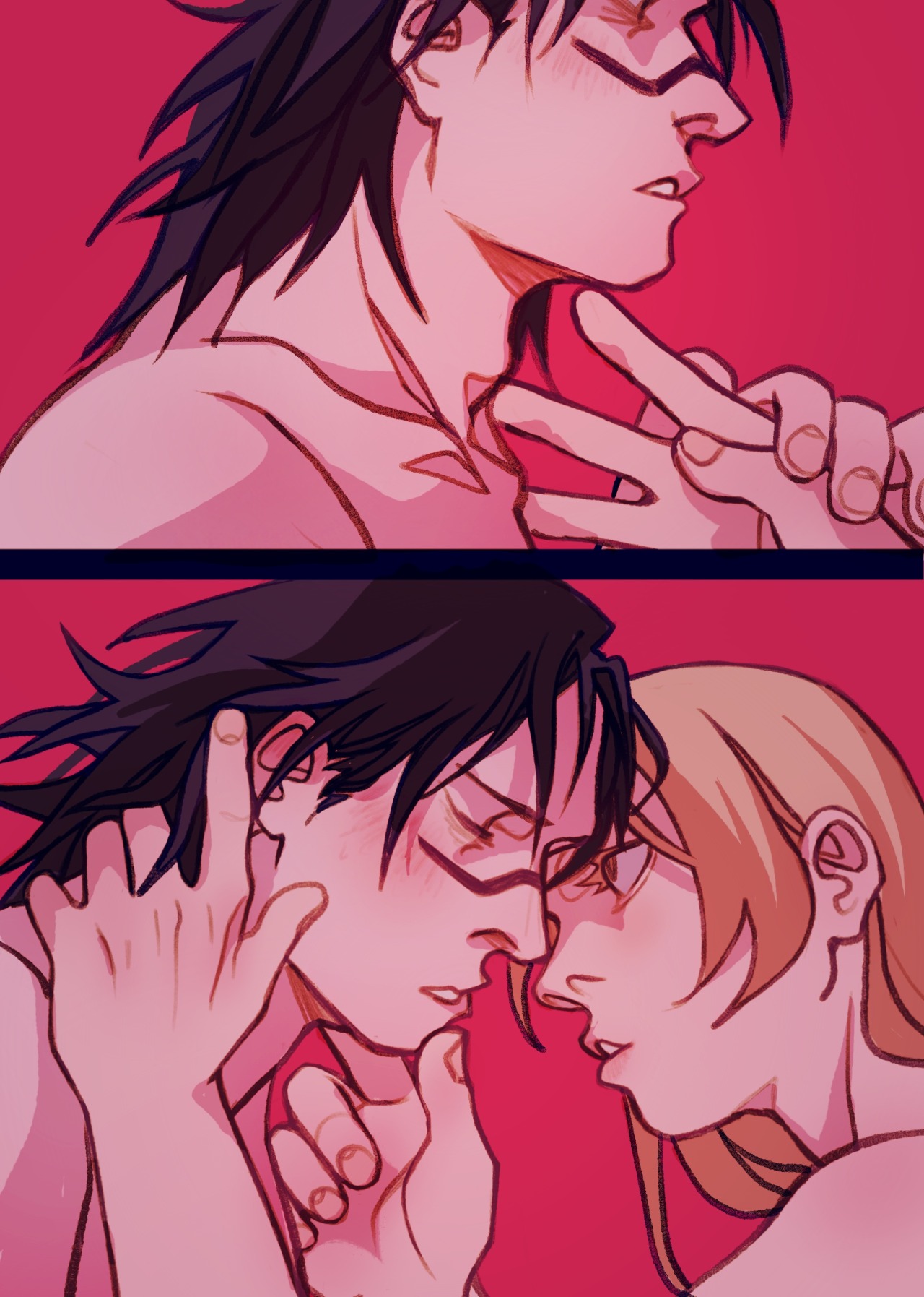 1boy, 1girls, arinavah, black hair, black-haired male, blonde hair, blonde-haired female, chin grab, choso kamo, female, hand on neck, jujutsu kaisen, male, male/female, shirtless, shirtless male, straight, suggestive, touching, touching face, yuki tsukumo