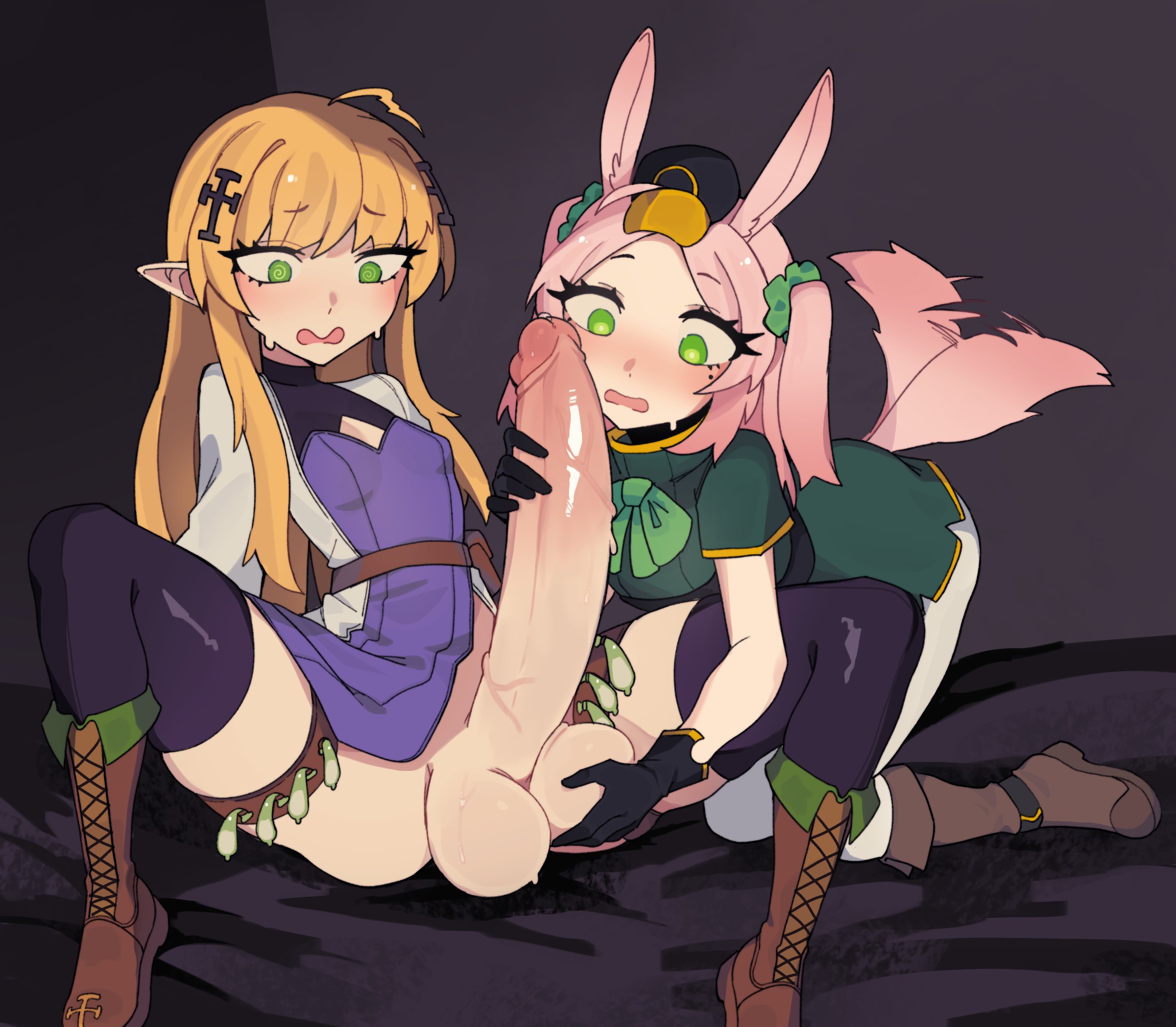 1futa, 1girls, animal ears, balls, big balls, big penis, big testicles, blonde hair, bottomless, breasts, clothed, clothing, duo, elf, elf ears, embarrassed, erection, female, futa on female, futanari, green eyes, horny, huge cock, huge penis, humanoid, humanoid penis, illydia (edgy weeaboo), intersex, kemonomimi, large penis, light skin, light-skinned female, light-skinned futa, long hair, looking at penis, nervous, oniiyanna, original, partially clothed, penis, penis awe, pinched mouth, pink hair, small breasts, small but hung, spread legs, testicles, uncensored