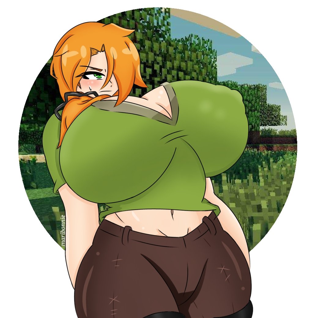 1girls, 2d, 2d (artwork), alex (minecraft), areola, areola bulge, areolae, ass, big breasts, blush, blushing, breasts, clothed, clothing, female, ginger, ginger hair, green eyes, large breasts, light skin, light-skinned female, male, medium hair, minecraft, nipple bulge, nipples visible through clothing, orange hair, ponytail, red hair, shiny skin, shirt, shirtless male, simple background, standing, stomach, sweat, sweatdrop, sweating, thick, thick ass, thick thighs, thighs, visible nipples