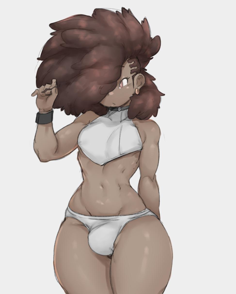 1boy, afro, androgynous, balls, balls in panties, big hips, bulge, crossdressing, dark skin, dark-skinned femboy, earrings, femboy, girly, hair over one eye, large hips, male, monkeywithaafro, solo, thick thighs, thong, trap