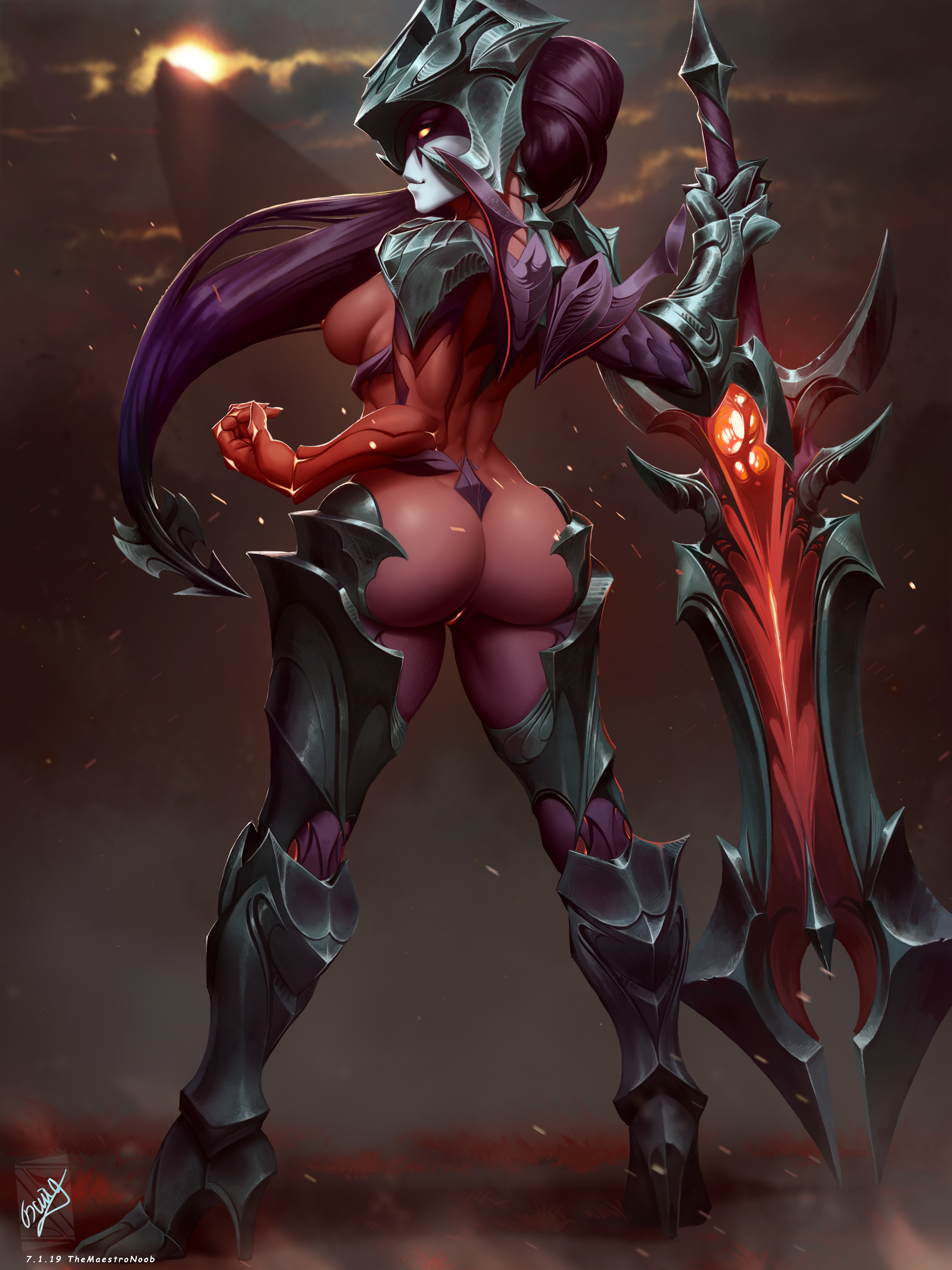 aatrox, armor, ass, breasts, color, female, female only, from behind, genderswap, genderswap (mtf), highres, humanoid, league of legends, looking back, looking over shoulder, nipples, purple hair, pussy, rule 63, sideboob, solo, standing, themaestronoob, weapon