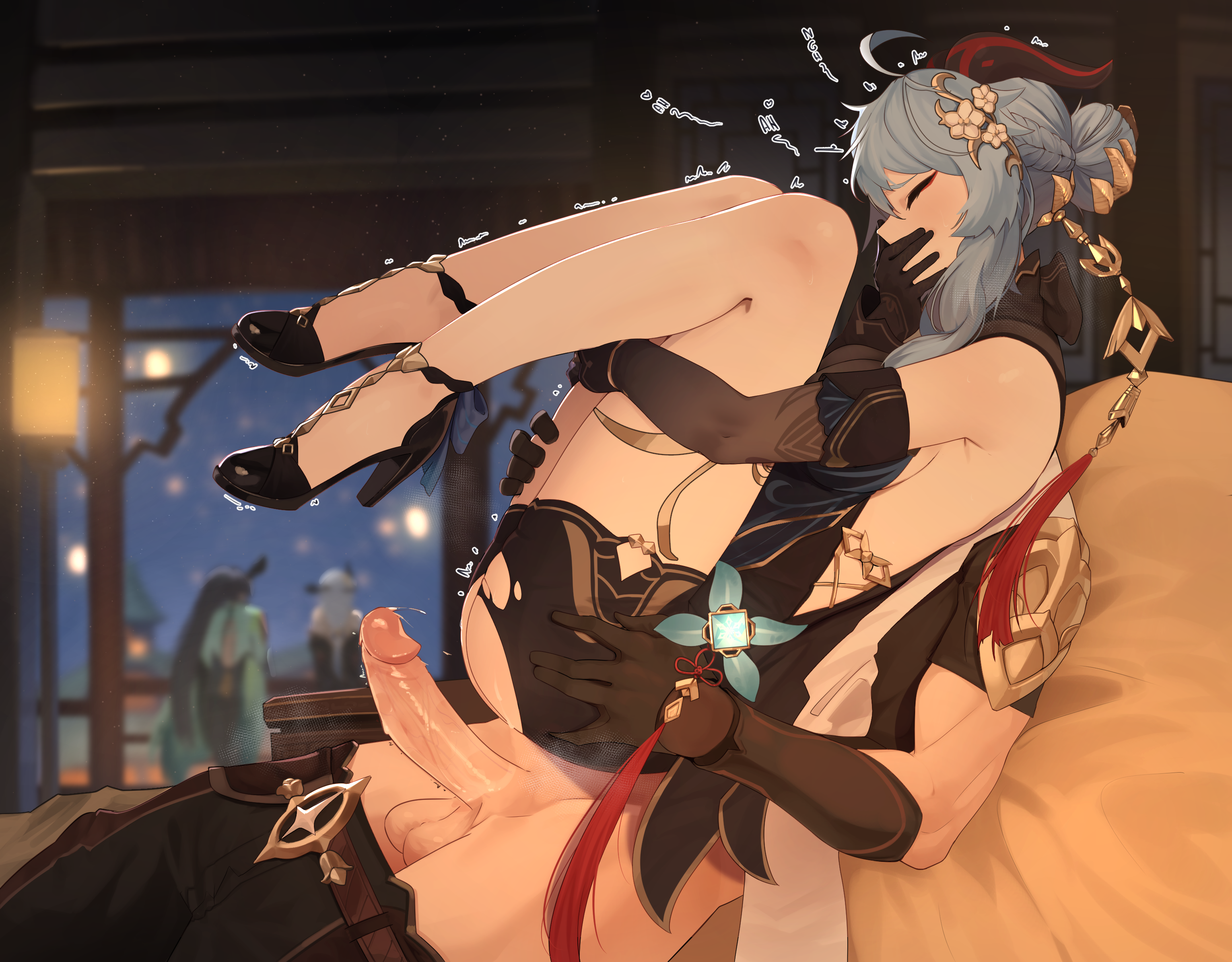 1boy, 3girls, aether (genshin impact), after sex, closed eyes, covering mouth, erection, female, ganyu (genshin impact), ganyu (twilight blossom) (genshin impact), genshin impact, hair bun, high heels, horns, legs, male, penis, pull out, shenhe (frostflower dew) (genshin impact), shenhe (genshin impact), shoes, straight, the atko, unprotected sex, xianyun (genshin impact)