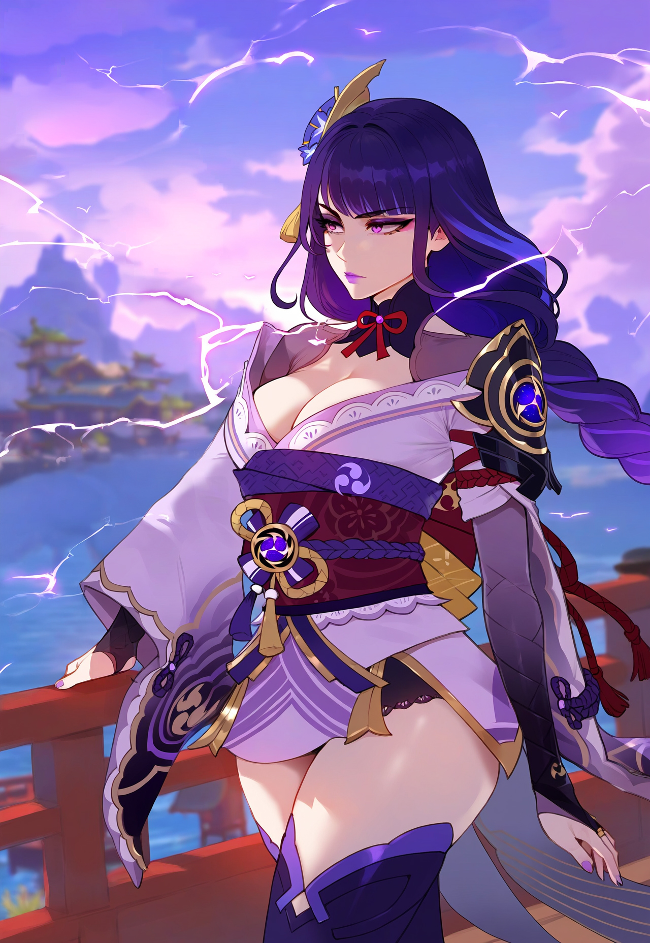 1girls, ai generated, clothed, female, floox, genshin impact, purple eyes, purple hair, raiden shogun