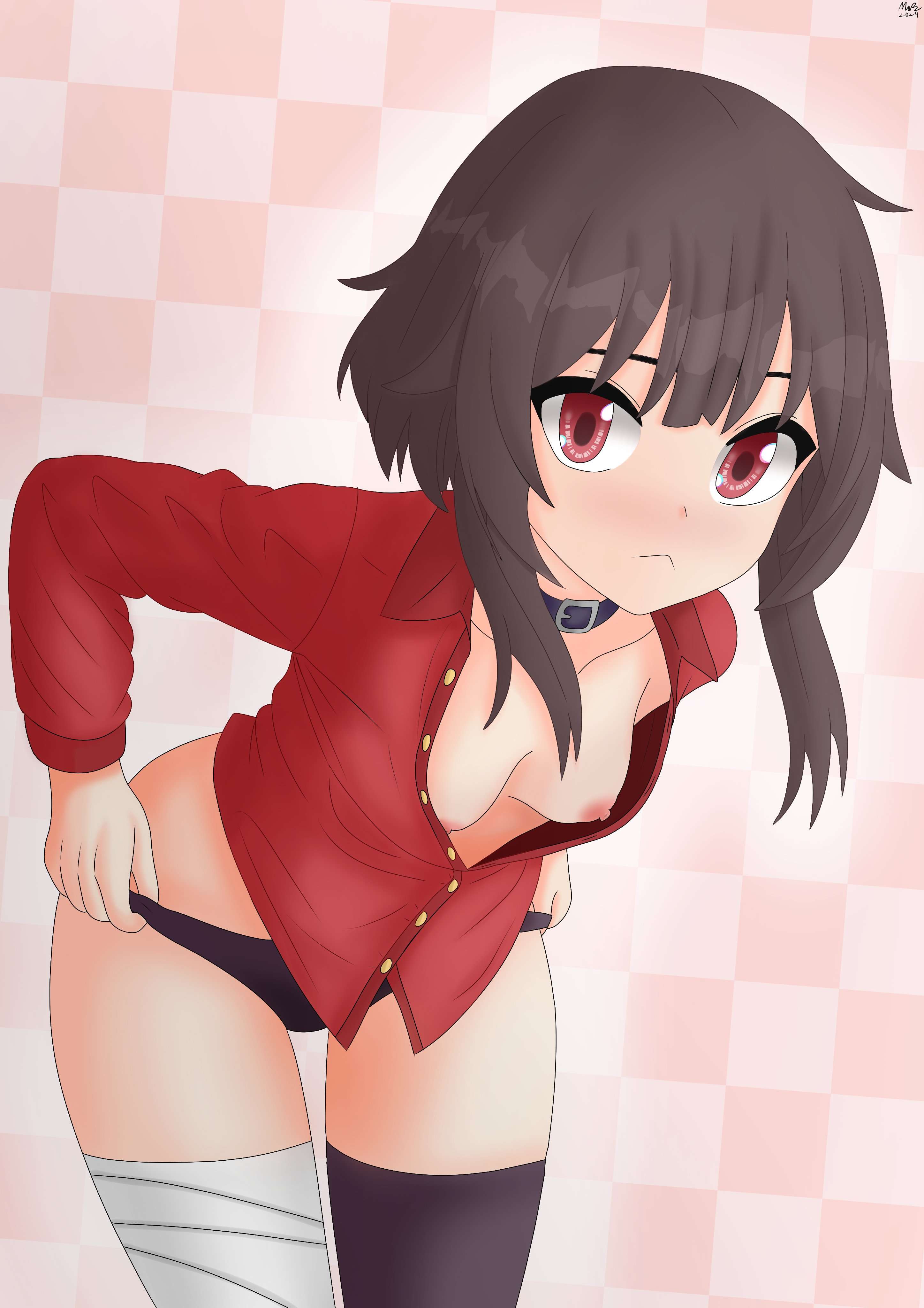 1girls, breasts, breasts out, brown hair, choker, female, kaschmatz, kono subarashii sekai ni shukufuku wo!, leaning forward, looking at viewer, megumin, nipples, open clothes, panties, red eyes, red shirt, shirt, short hair, simple background, small breasts, tagme, taking clothes off, undressing