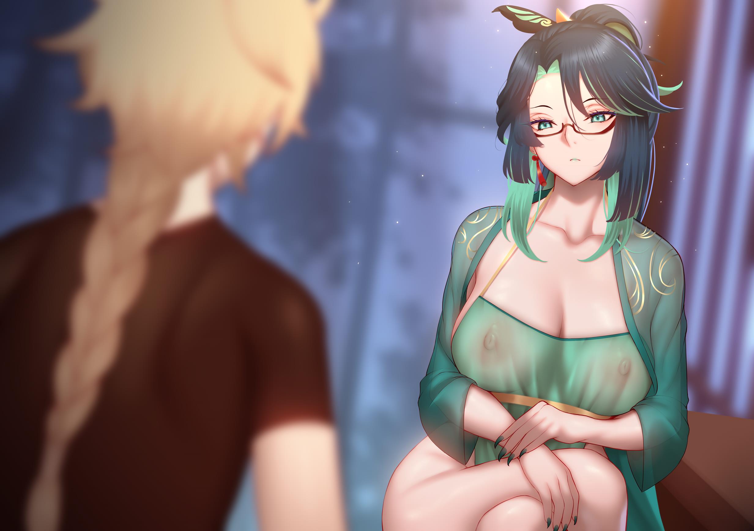 1boy, 1girls, aether (genshin impact), color, drawing, female, genjung, genkung, genshin impact, imminent sex, male, mihoyo, nipples, nipples visible through clothing, see-through, straight, xianyun (genshin impact)
