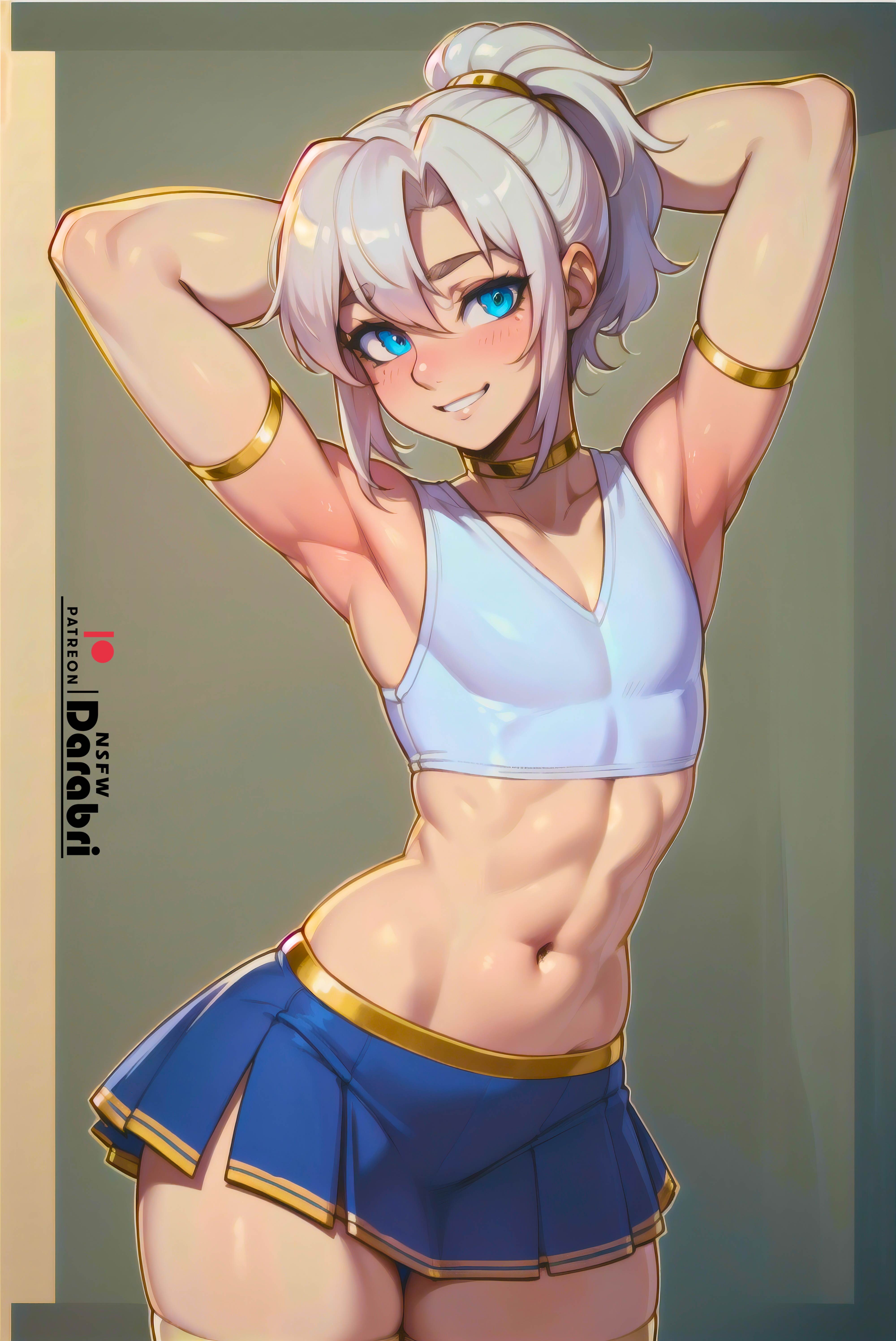 1boy, abs, absurd res, ai generated, arched back, armband, armpits, arms behind head, arms up, belly, blue eyes, blush, cheerleader, cheerleader uniform, collar, cute, cute male, darabri, detailed, femboy, feminine male, gay, girly, gold (metal), gold jewelry, gradient background, hairband, leaning forward, logo, male, miniskirt, navel, open smile, original, otoko no ko, outline, pale skin, patreon, patreon logo, ponytail, skirt, solo, solo focus, spirit wey, stockings, stomach, thick thighs, top, trap, white hair, yaoi