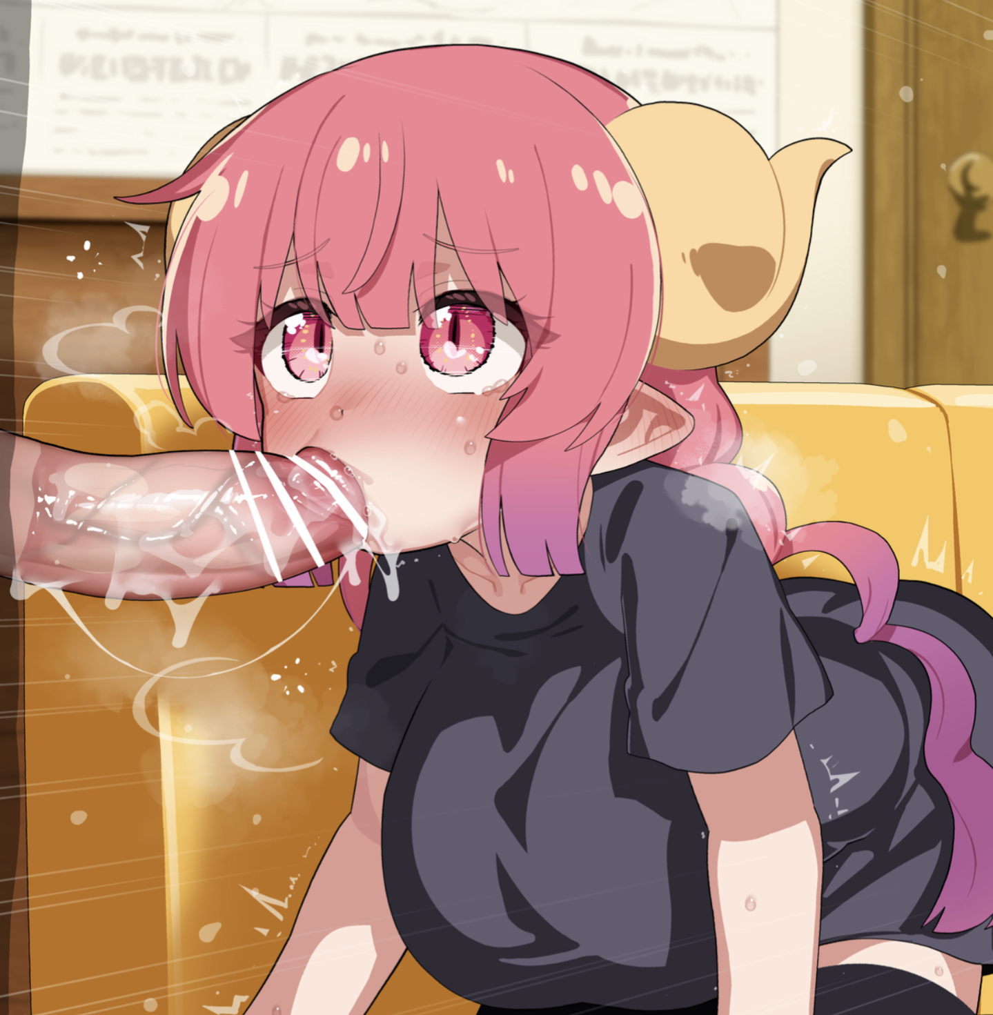 1boy, 1girls, all fours, big breasts, blowjob, blush, breasts, censored, fellatio, female, horns, ilulu (dragon maid), male, miss kobayashi's dragon maid, mizumizuni, penis, pink eyes, pink hair, pointy ears, silhouette, sloppy, sweat, thighhighs, veiny penis