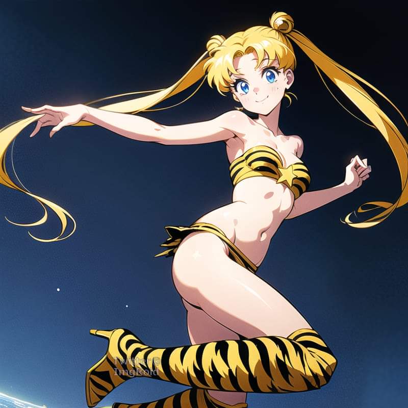 1girls ai_generated belly_button bikini bishoujo_senshi_sailor_moon blonde_hair blue_eyes heels high_heel_boots high_heels lum lum_(cosplay) lum_invader small_breasts smile stockings swimsuit tiger_print urusei_yatsura usagi_tsukino