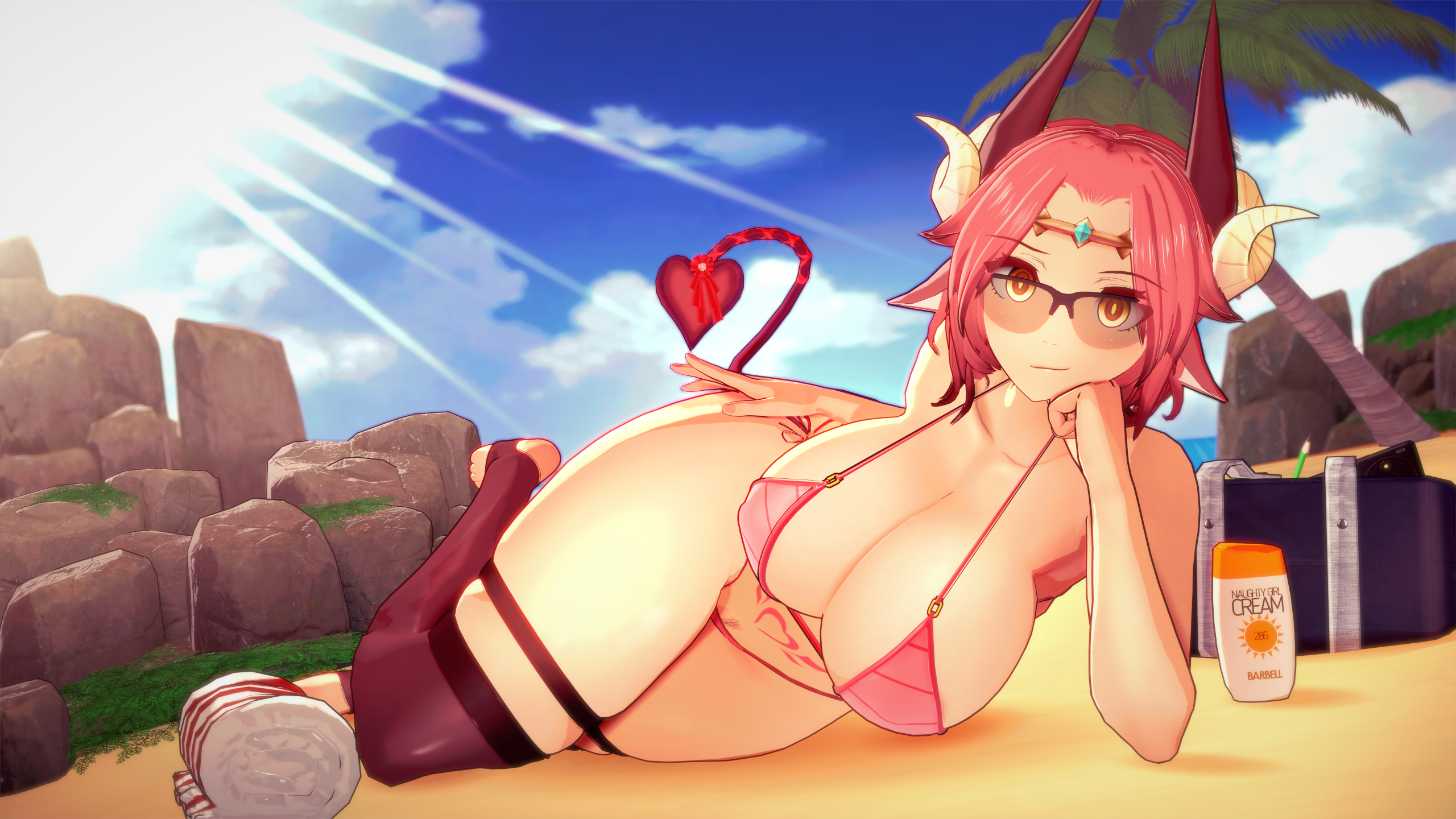 1girls, 3d, 3d (artwork), beach, beach towel, big breasts, bikini, bikini bottom, bikini top, breasts, cute birdd, demon, female, glowing eyes, huge breasts, koikatsu, laying down, light skin, light-skinned female, original, outdoors, pink hair, pubic hair, sand, sky, solo, stirrup legwear, succubus, succubus horns, succubus tail, sunglasses, tattoo, tattoo on belly, thick thighs, tiannara (cute birdd), tinted eyewear, yellow eyes