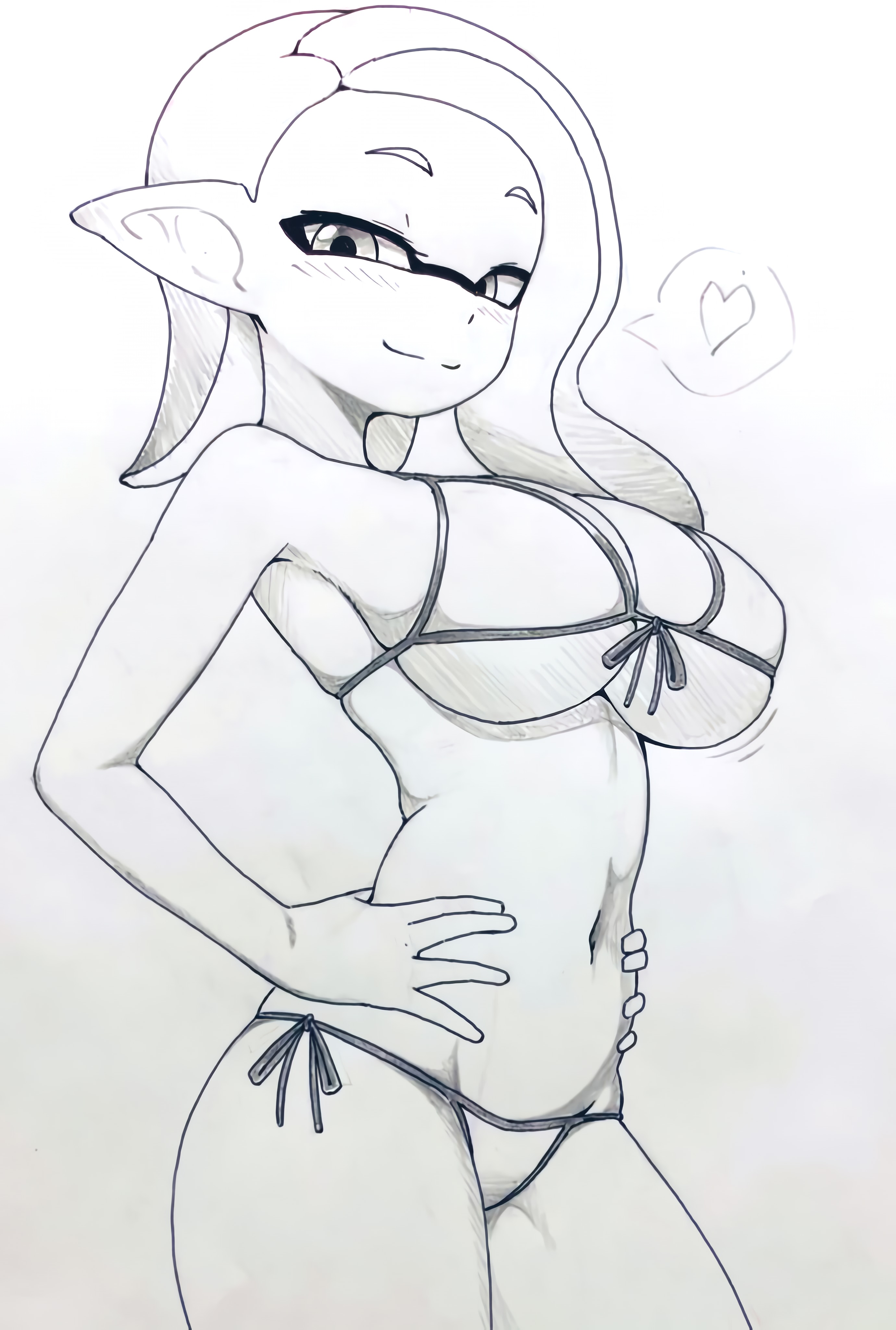 1girls, bikini, bikini bottom, bikini top, black and white, blush, breasts, cleavage, female, greyscale, heart, hi res, inkling, inkling girl, looking at viewer, medium breasts, medium hair, midriff, navel, nintendo, nobunagapero, peronattu, sideboob, sketch, solo, splatoon, splatoon (series), tentacle hair, underboob, upscaled