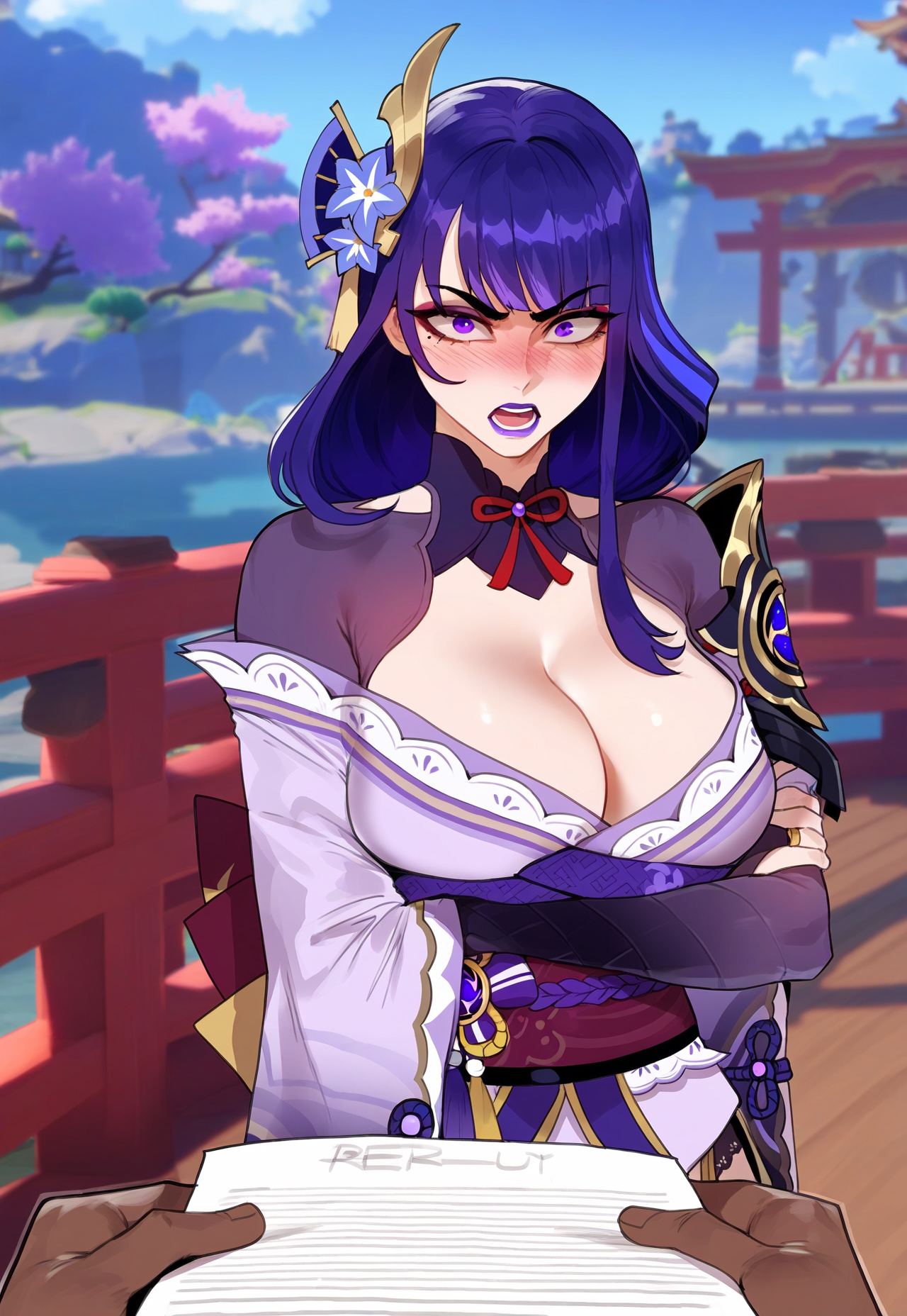 1boy, 1girls, ai generated, blush, dark skin, dark-skinned male, female, floox, genshin impact, lipstick, male, propositioning, purple eyes, purple hair, purple lipstick, raiden shogun, surprised