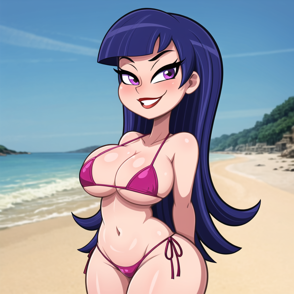 1girls ai_generated big_breasts bikini cats62 curvy_female dc_comics dc_super_hero_girls long_hair purple_hair tagme teenager teeth zatanna zee_zatara