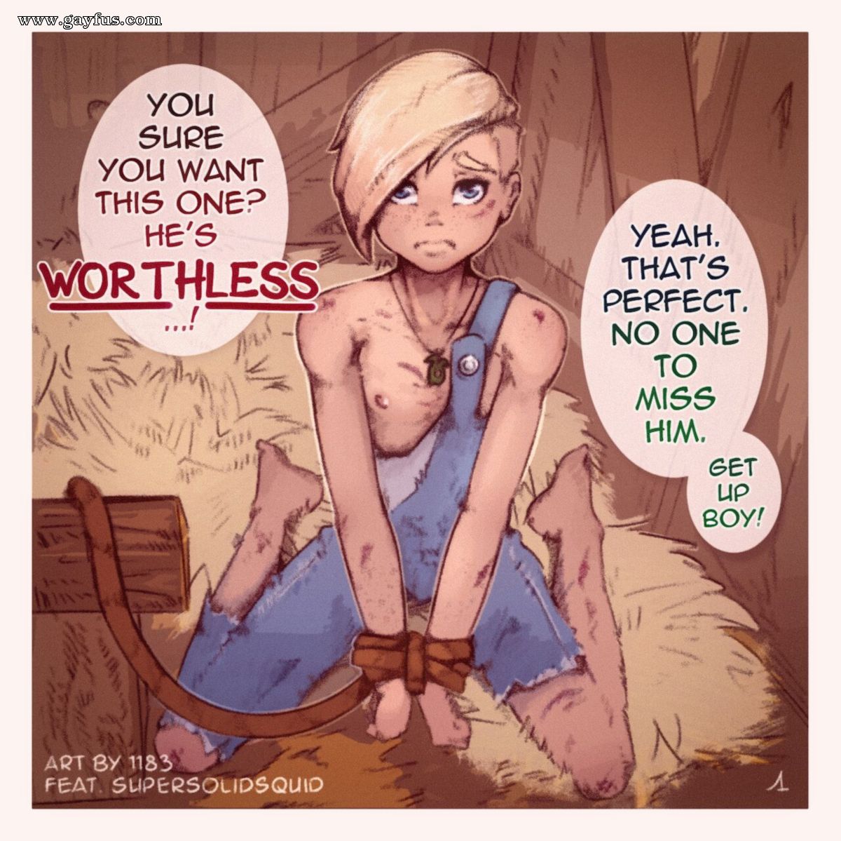 1183, 1boy, blonde hair, blue eyes, bondage, english text, femboy, humiliation, male, male only, overalls, slave, slave auction, solo, source request, speech bubble, text, what