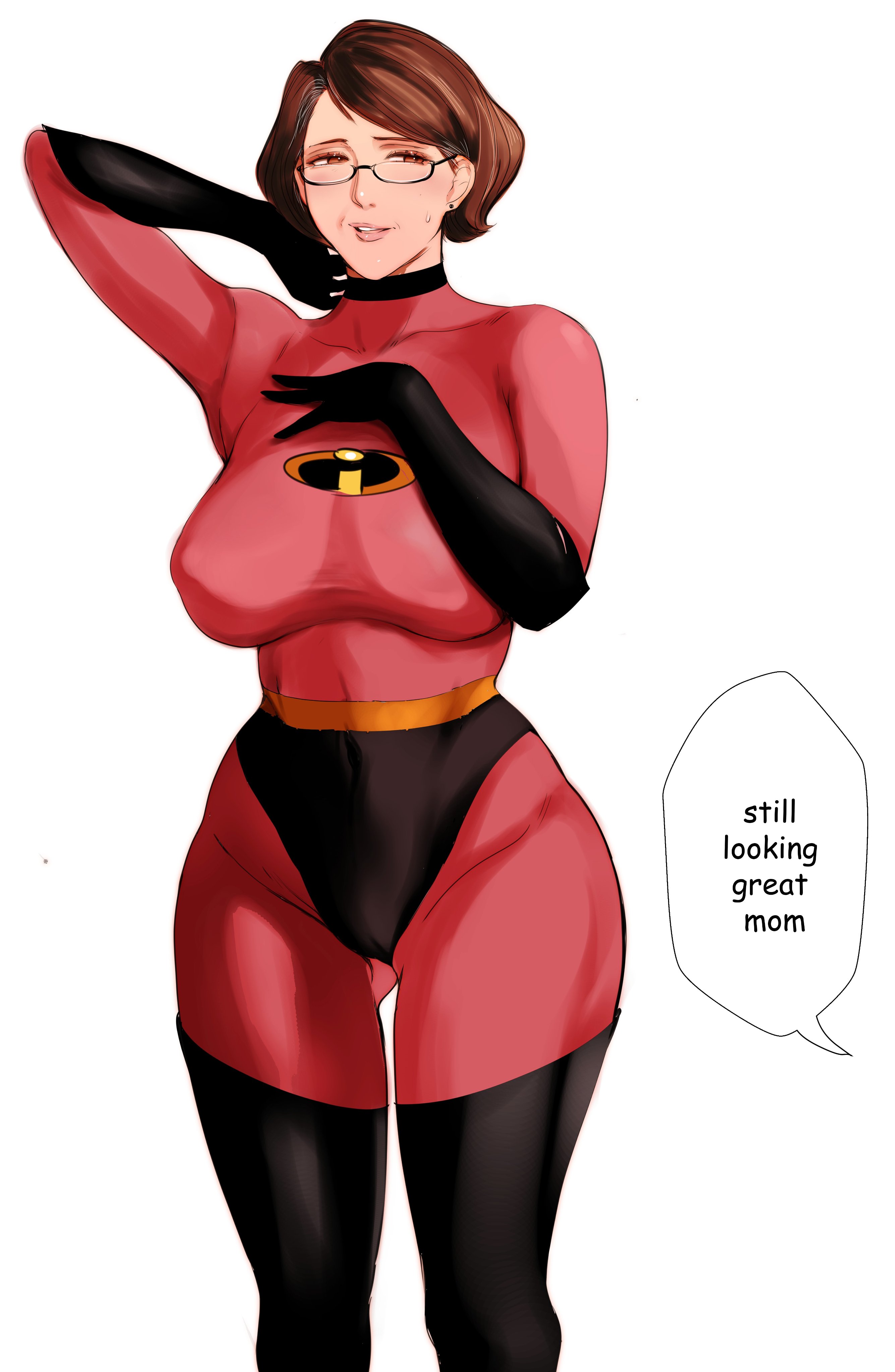 aged up, big breasts, bodysuit, breasts, brown hair, ear piercing, elastigirl, female, glasses, gloves, helen parr, jnsdh, large breasts, mature female, superheroine, the incredibles, thighhighs, underwear, white background